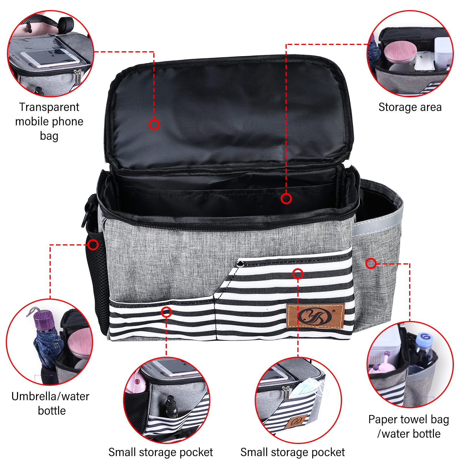 Borsa Per Passeggino Custodia Per Passeggino Grande Capacità Organizer Passeggini Multifunzionale, Neonato Accessori Bambinio Con Tracolla, Impermeabile Per Adatto a Tutti i Modelli di Buggy (Grigio)