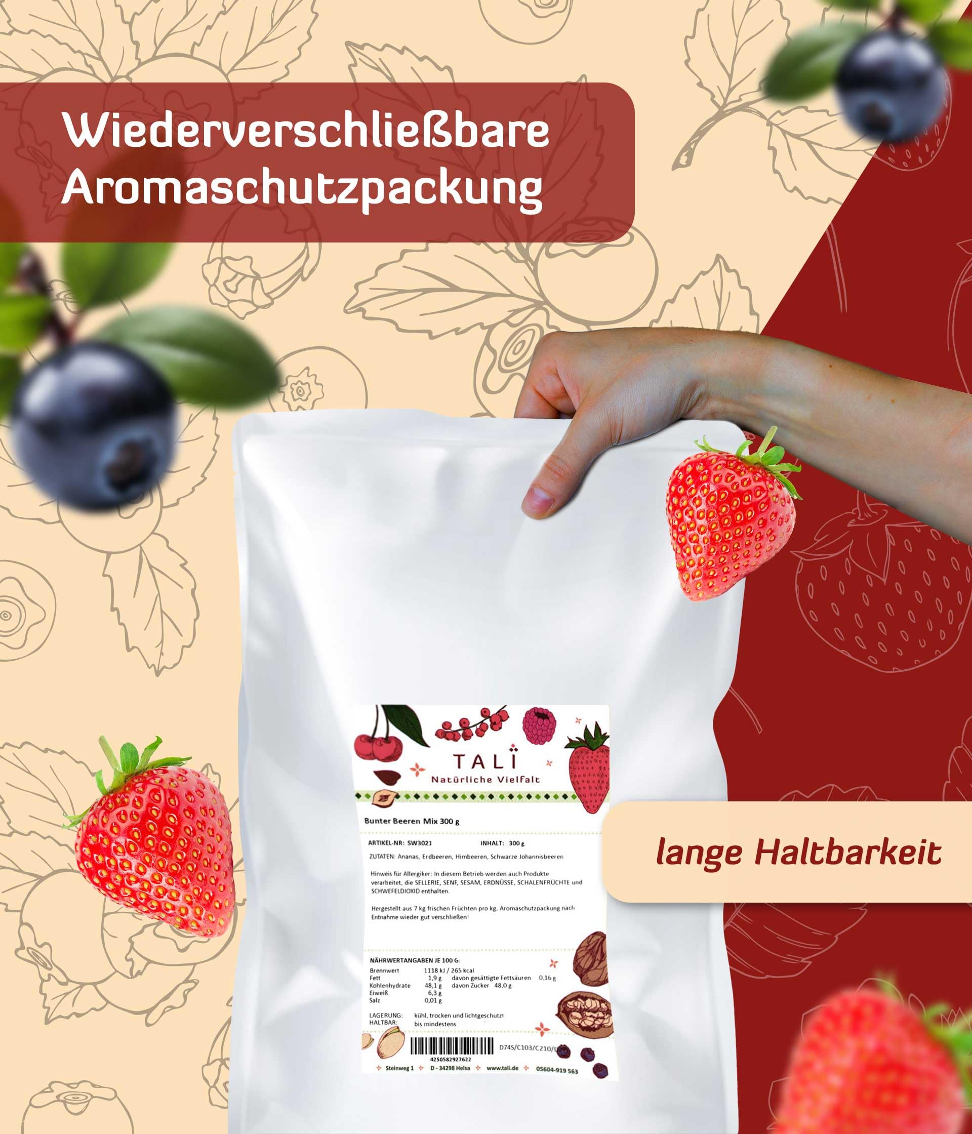 TALI Bunter Beeren Mix 1000 g | Gefriergetrocknete Ananas, Erdbeeren, Himbeeren, Schwarze Johannisbeeren
