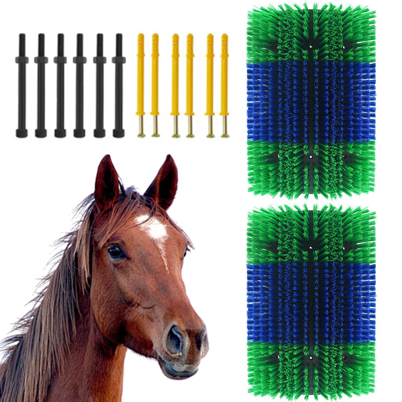 GarveeTech Set di 2 spazzole per la cura dei peli e dei cavalli e degli animali da fattoria, utilizzabili su entrambi i lati per la pulizia della schiena e alleviare il prurito, incluse viti di