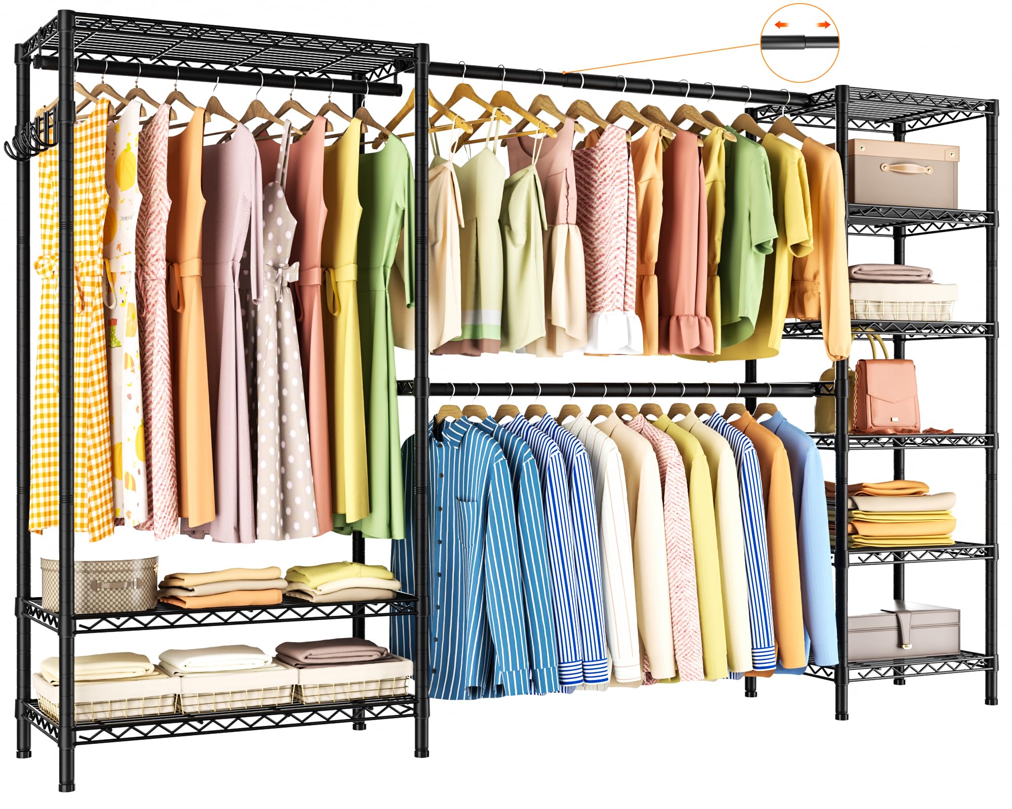 Golpart Expandable Heavy Duty Garment Rack Clothes Rack,Large Metal Closet Organizer System Storage Wardrobe,Freestanding Clothing Rack with 9 Adjustable Wire Shelves&3 Hang Rods,MaxLoad 1500lbs