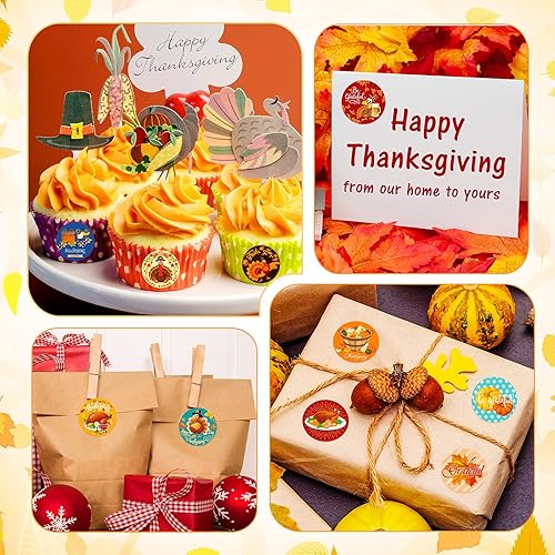 Miniatura 3 de Zonon 1000 calcomanías para fiesta de Acción de Gracias, calcomanías redondas divertidas de pavo y calabaza de hoja de arce para decoraciones de