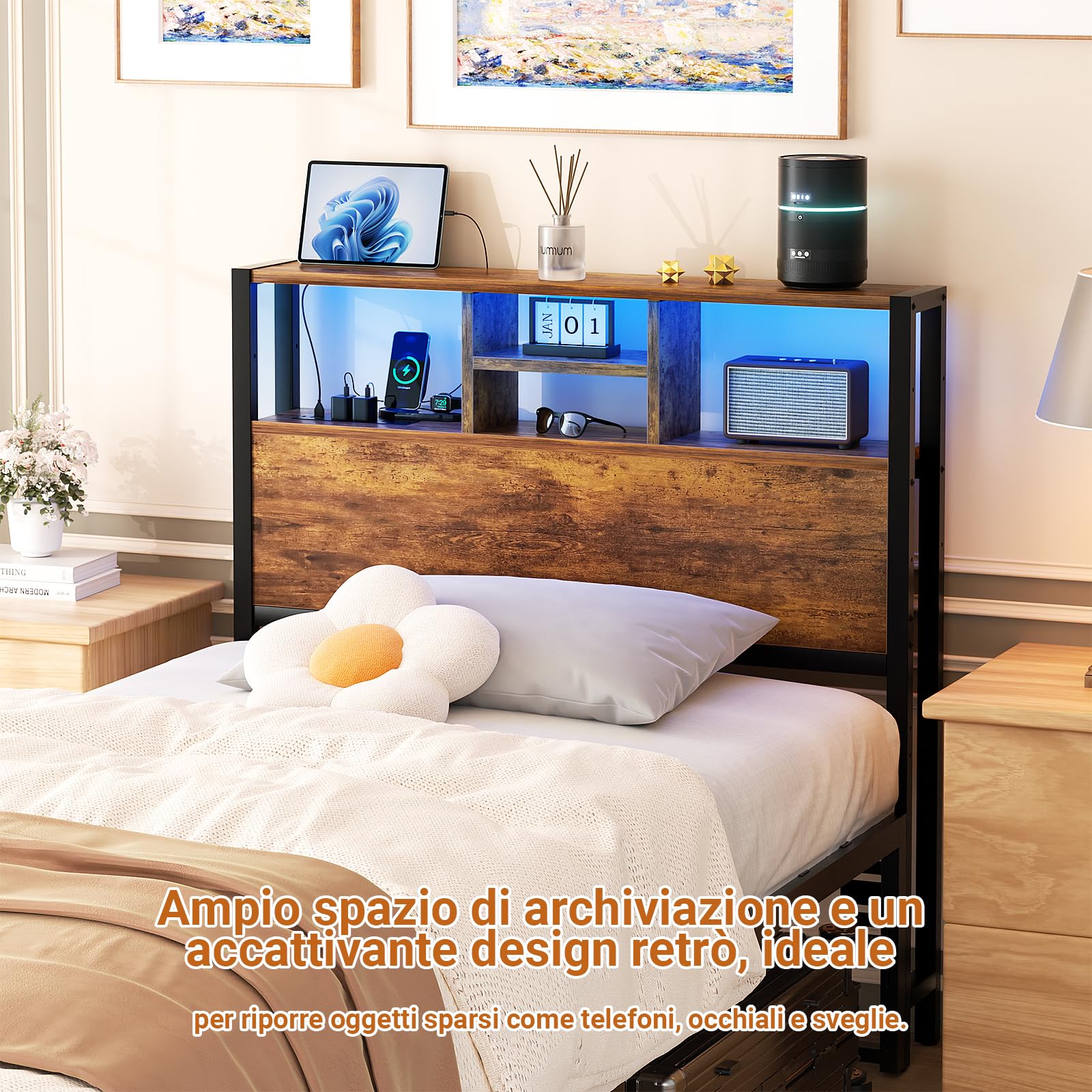 iSunirm Testiera per letto ripiani portaoggetti da 102 cm, testiera con prese di corrente, porte USB e Pype C, luce a LED, solo testiera, regolabile in altezza, reversibile, marrone