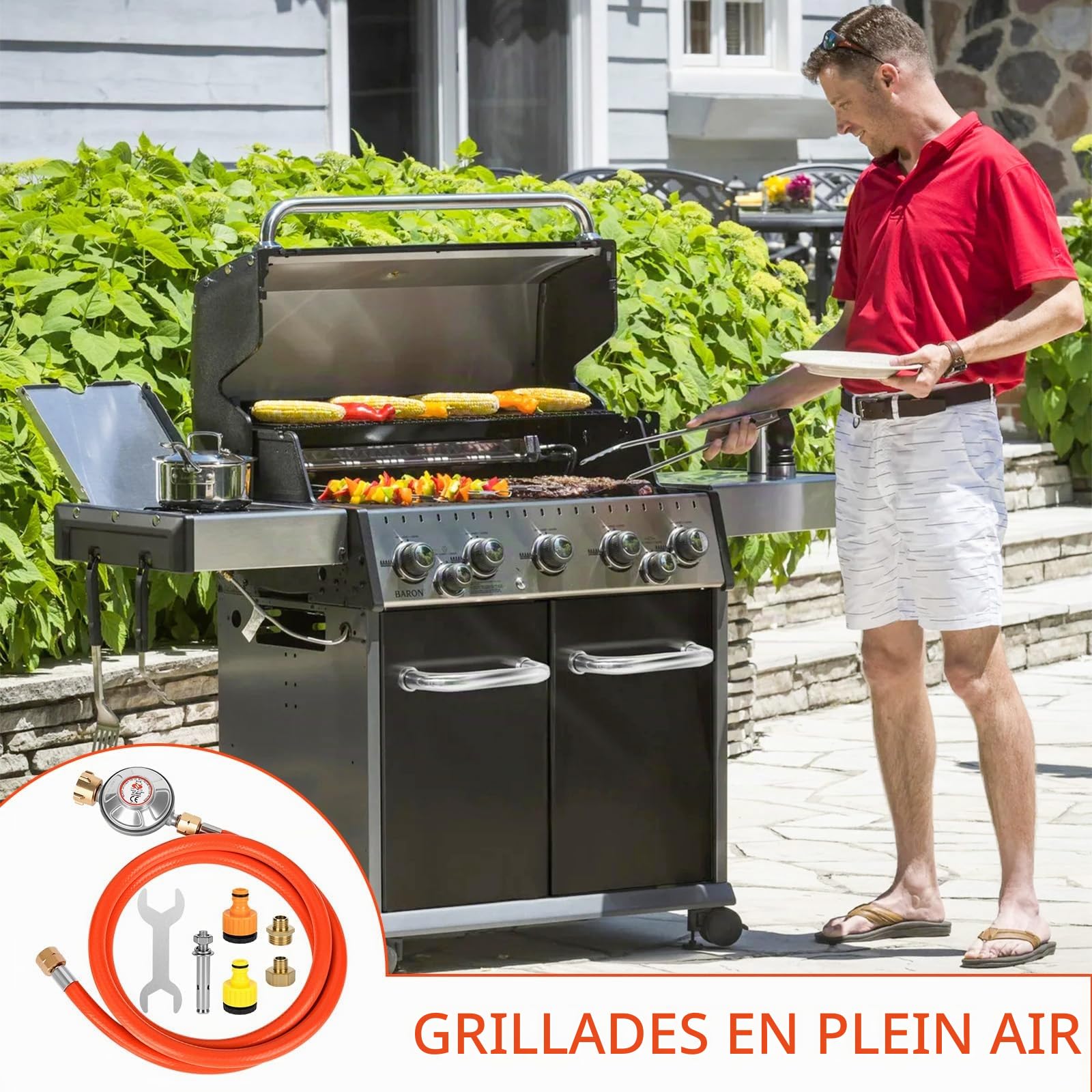 Régulateur de pression de gaz 50 mbar, tuyau de gaz de 150 cm, filetage extérieur 1/4" -19 LH, régulateur de pression de gaz à basse pression pour barbecues pour camping, pique-niques