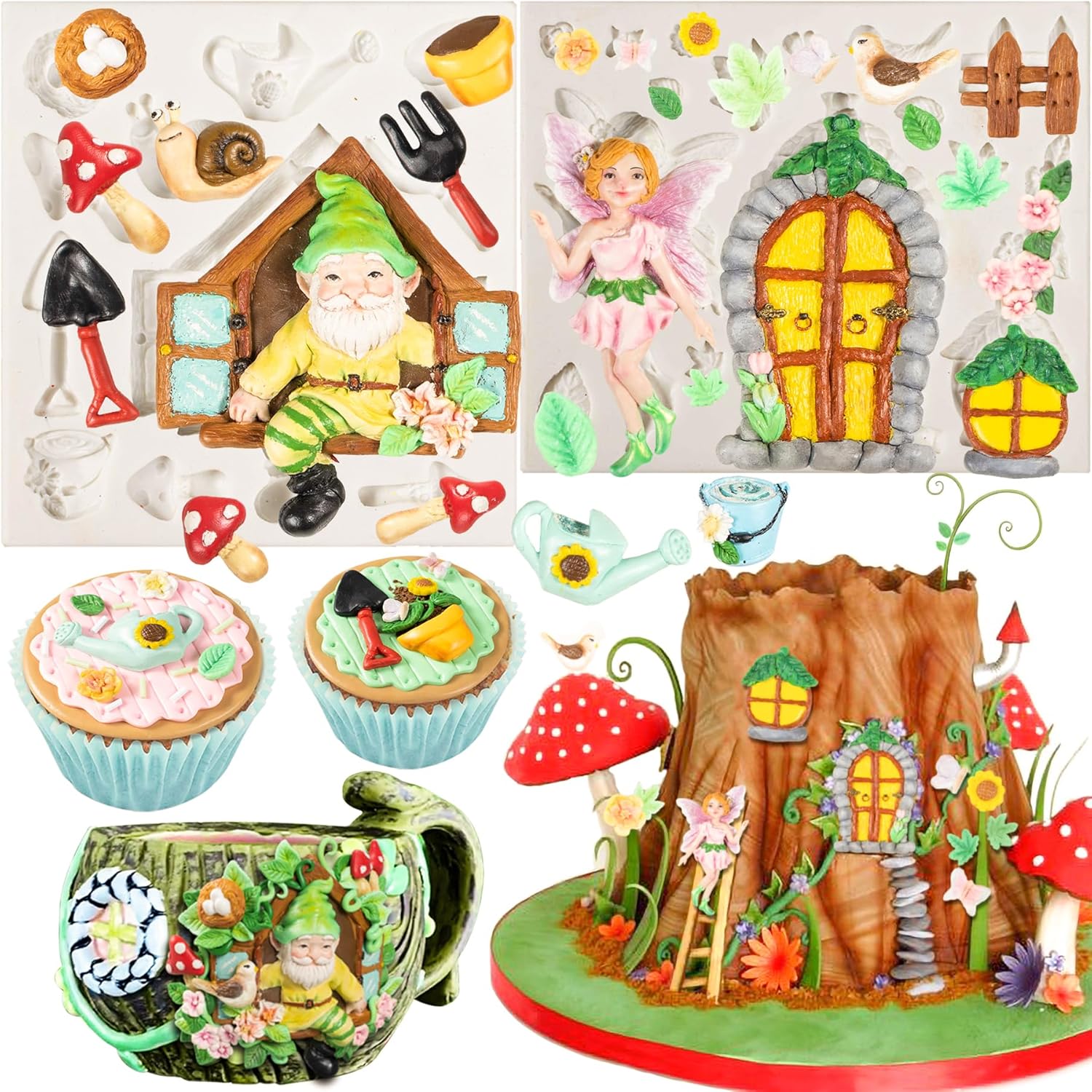 FUNSHOWCASE Fairy Garden Fondant Silicone Molds Elf Gnome Home Out The Door and Window for Sugarcraft Cake Decorating Cupcake Topper Chocolate Epoxy Resin Polymer Clay 27-Cavity 0.3-3.3inch