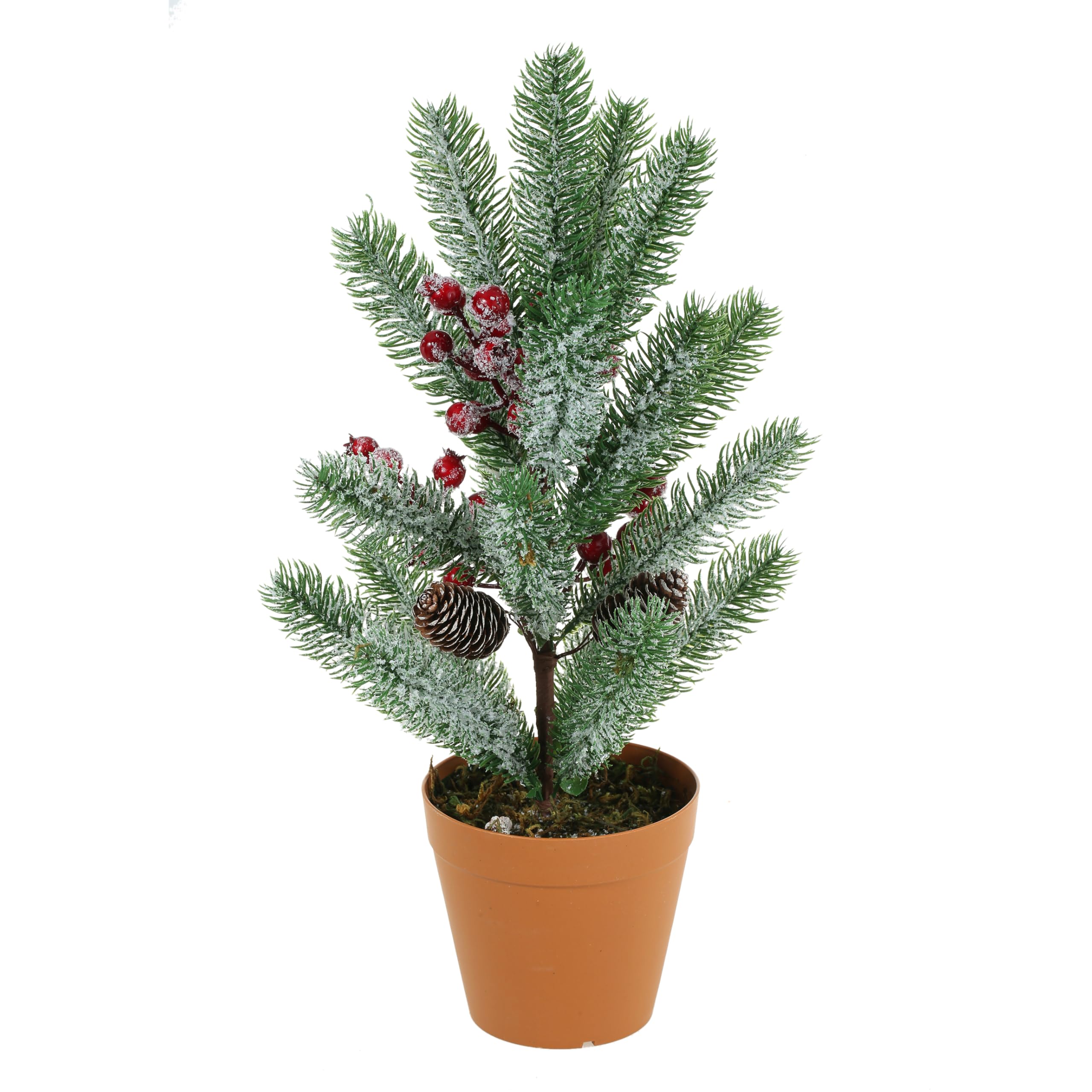 Petit sapin de Noël floqué de neige avec lumière, baies rouges artificielles et pommes de pin pré-éclairées pour intérieur, centres de table, porche, décorations de Noël extérieures (48,3 cm)