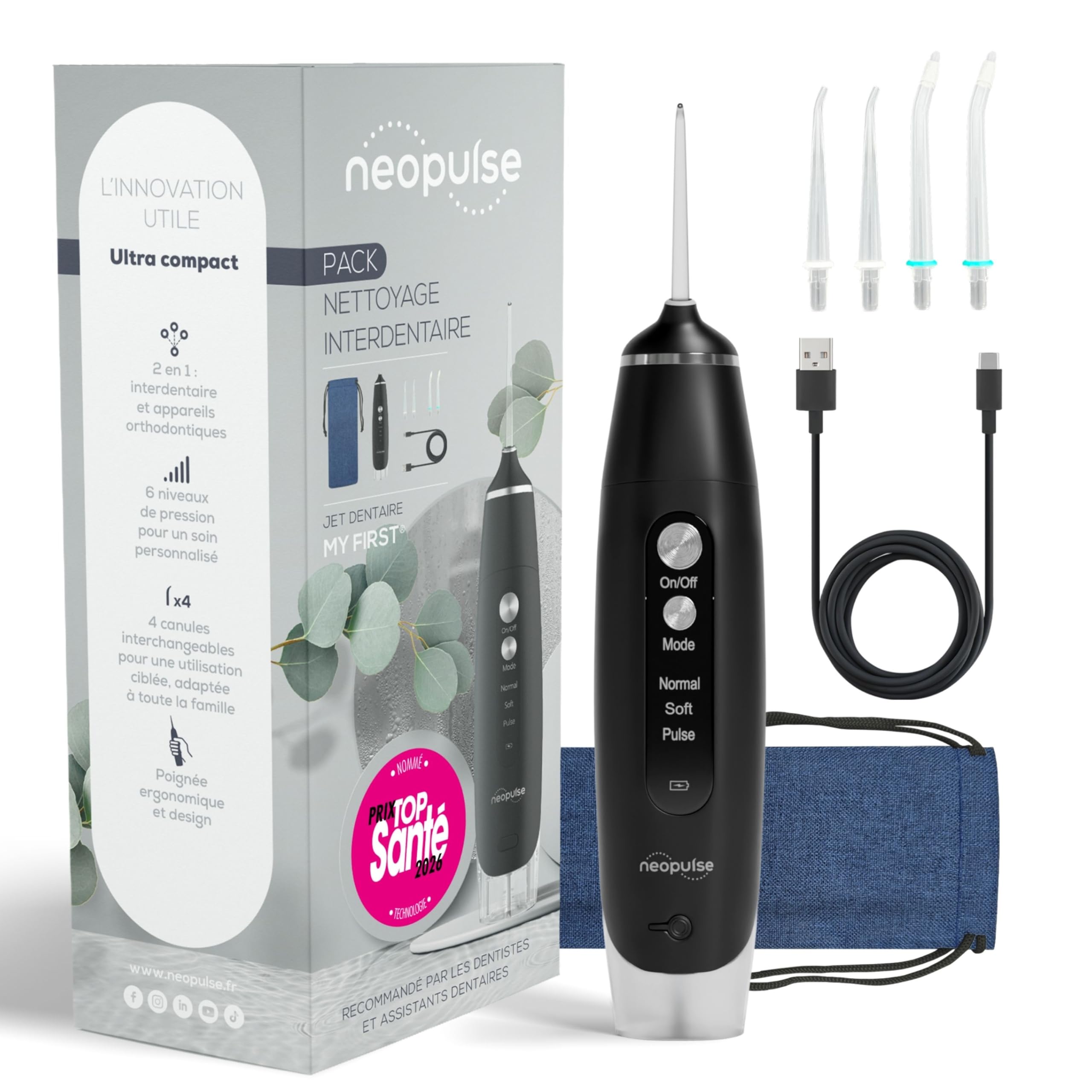 NEOPULSE MY FIRST® Munddusche – kabelloser elektrischer Wasserflosser – Zahnzwischenraumreiniger mit 3 Modi – USB wiederaufladbar – für Zahnzwischenräume, Zahnspangen & Implantate – Schwarz | 3 Modi – 4 Aufsätze – ideal für Anfänger & empfindliches Zahnfl