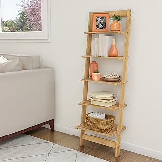 Lavish Home 5-Tier Ladder Shelf - 50-Inch Narrow Leaning Bookshelf - Wooden Bookcase for Living Room, Bathroom, Kitchen, Office, or Bedroom Furniture (Oak)