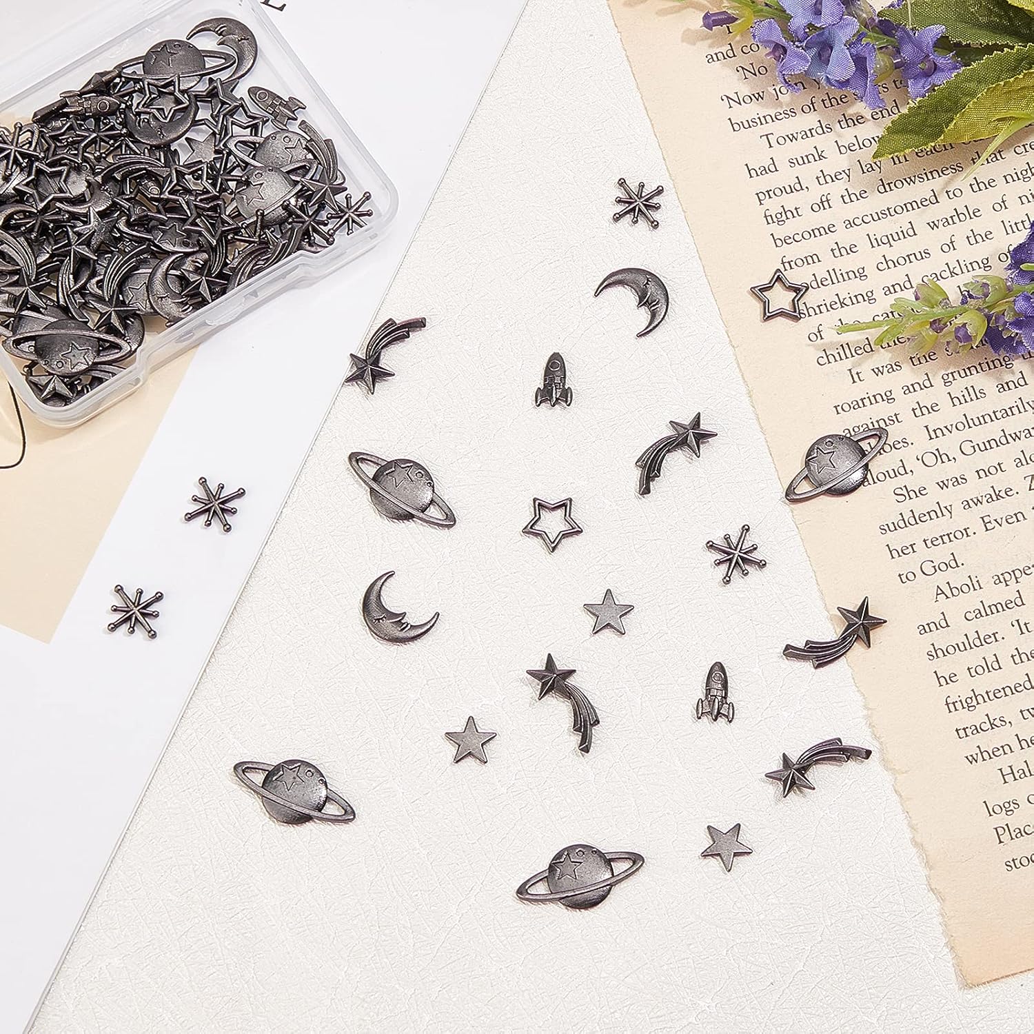 OLYCRAFT 112pcs Cosmos Themed Resin Fillers Resin Charms Alloy Epoxy Resin Supplies Planets Star Moon Rocket Filling Accessories Slime Charms for Resin Jewelry Making -Gunmetal