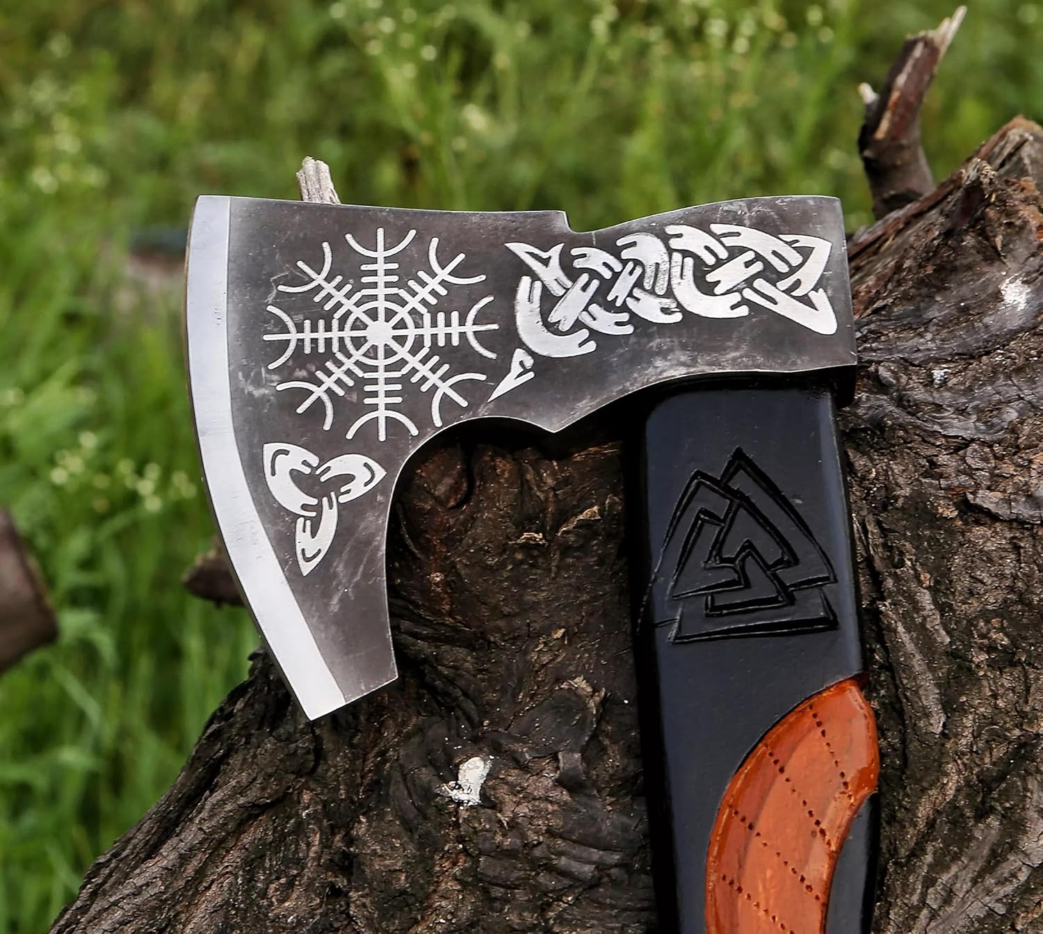 Handmade Viking Battle Axe, Carbon Steel Blade Viking Throwing Axe with Leather Sheath, Norse Battle Axe Real, Bearded Axe with Wooden Handle