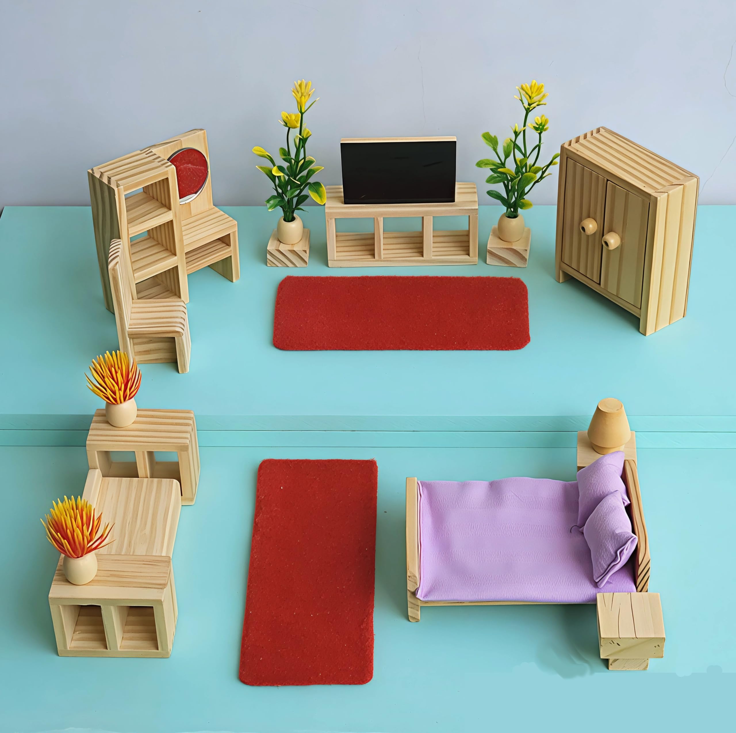 TinyMinyWorld Dollhouse Accessories Furniture Set (Wooden): Drawing Room - Kitchen - Bedroom - Toilet (Bedroom Grand +) 2