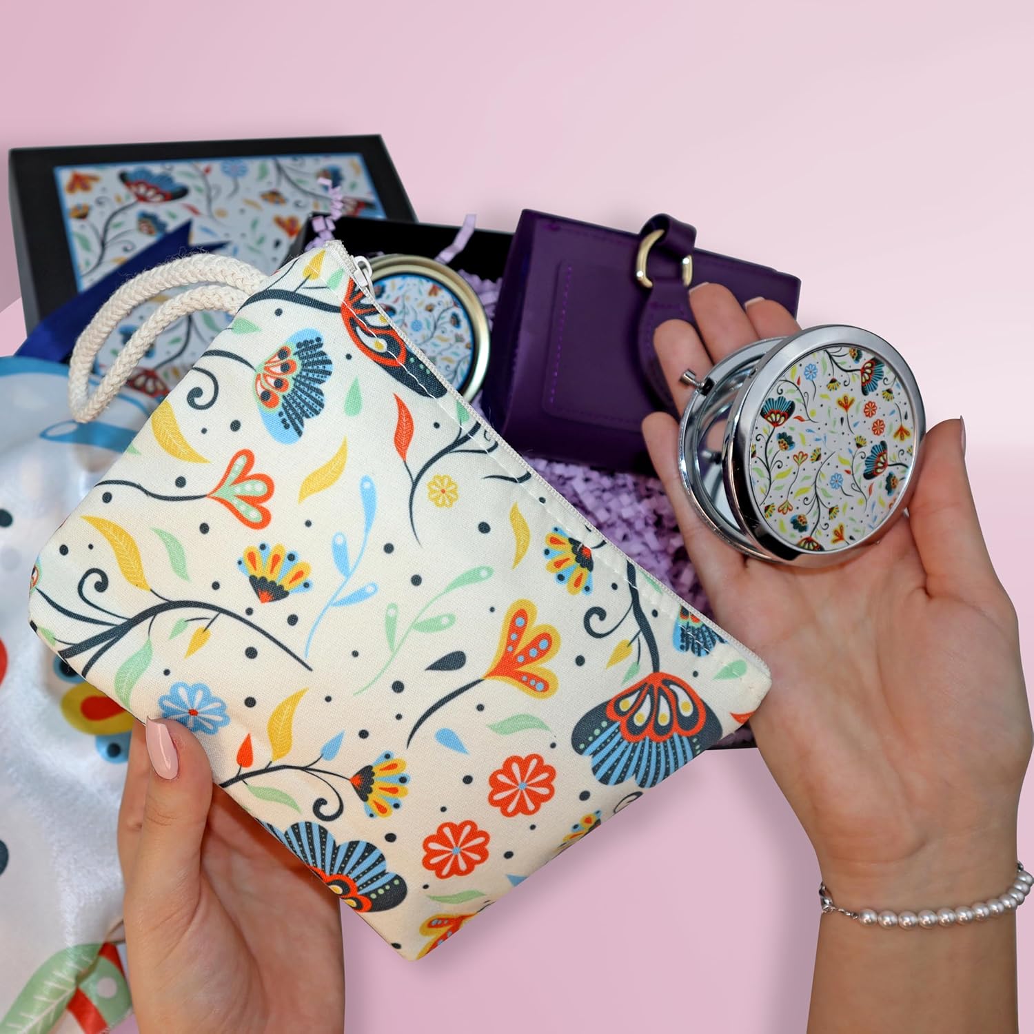 CharmLab Candle – Spring Grace Floral Gift Set for Her with Tin Candle, Silk Scarf, Makeup Bag, Compact Mirror, Wallet & Decorative Stone – Luxury Gift Box for Women