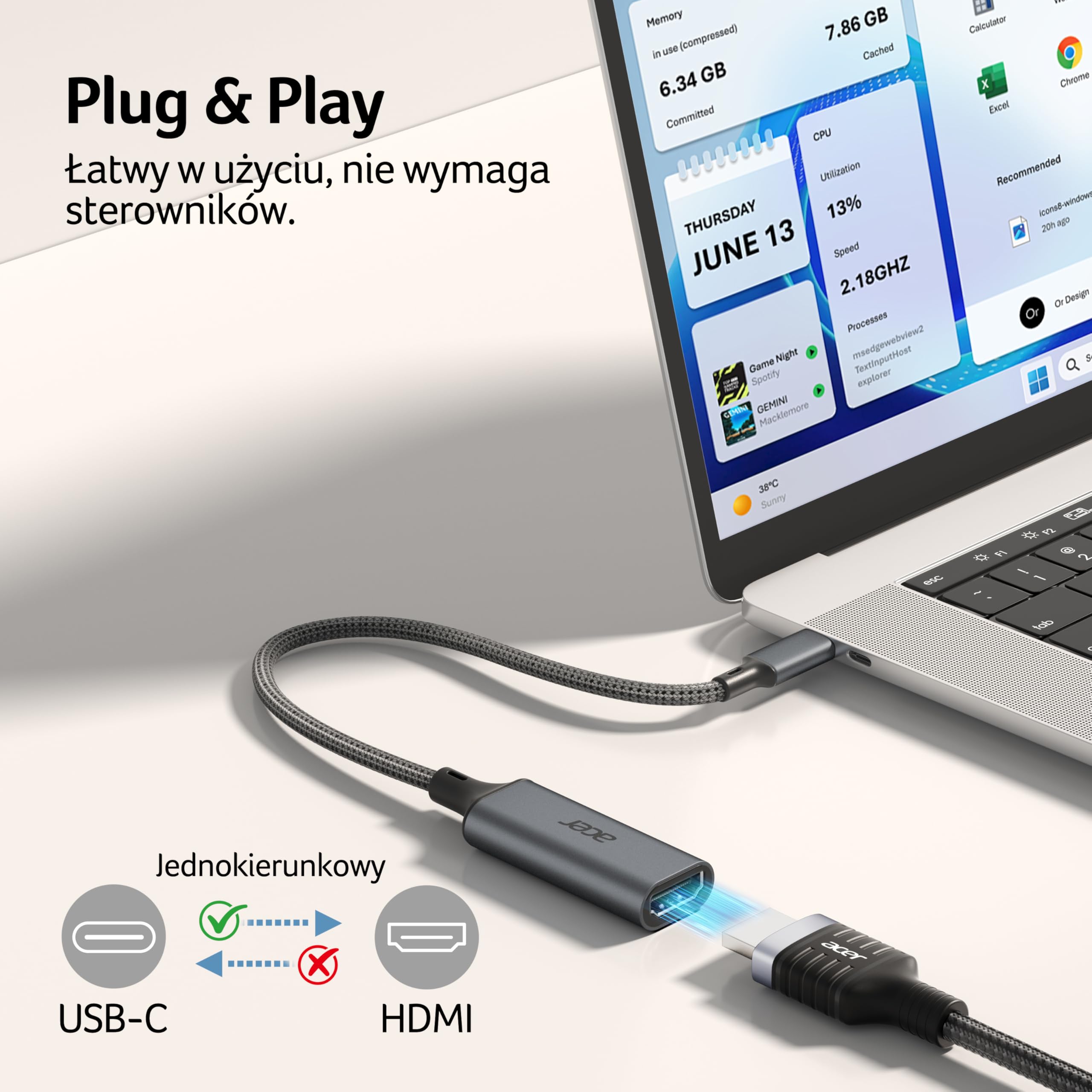 Acer Adapter USB C do HDMI 4K@60Hz, Adapter Typu C HDMI HDR, Thunderbolt 5/4/3 Kompatybilny z Monitorem, MacBookiem Pro Air, iMacem, Serią iPhone 17, iPadem Pro Air, Galaxy S26, laptopem, XPS itp.