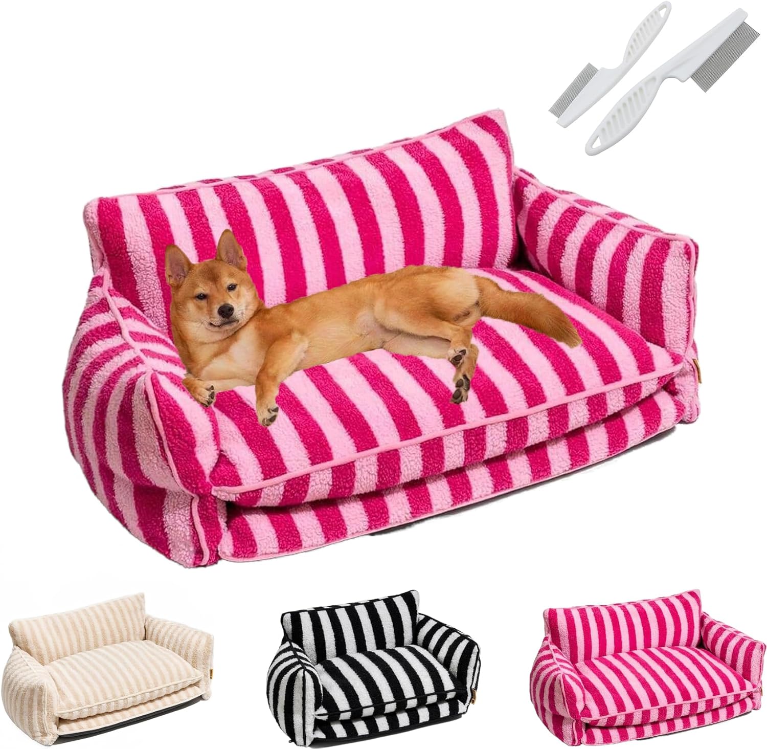 Lazy Holiday Plush Cozy Dog & Cat Sofa Bed, Teddy Velvet Dog Bed, Trendy Striped Faux Lambswool Double Layer Dog & Cat Sofa Bed Dogs Sleeping Mat for Medium Small Dogs & Cats (Pink,M)