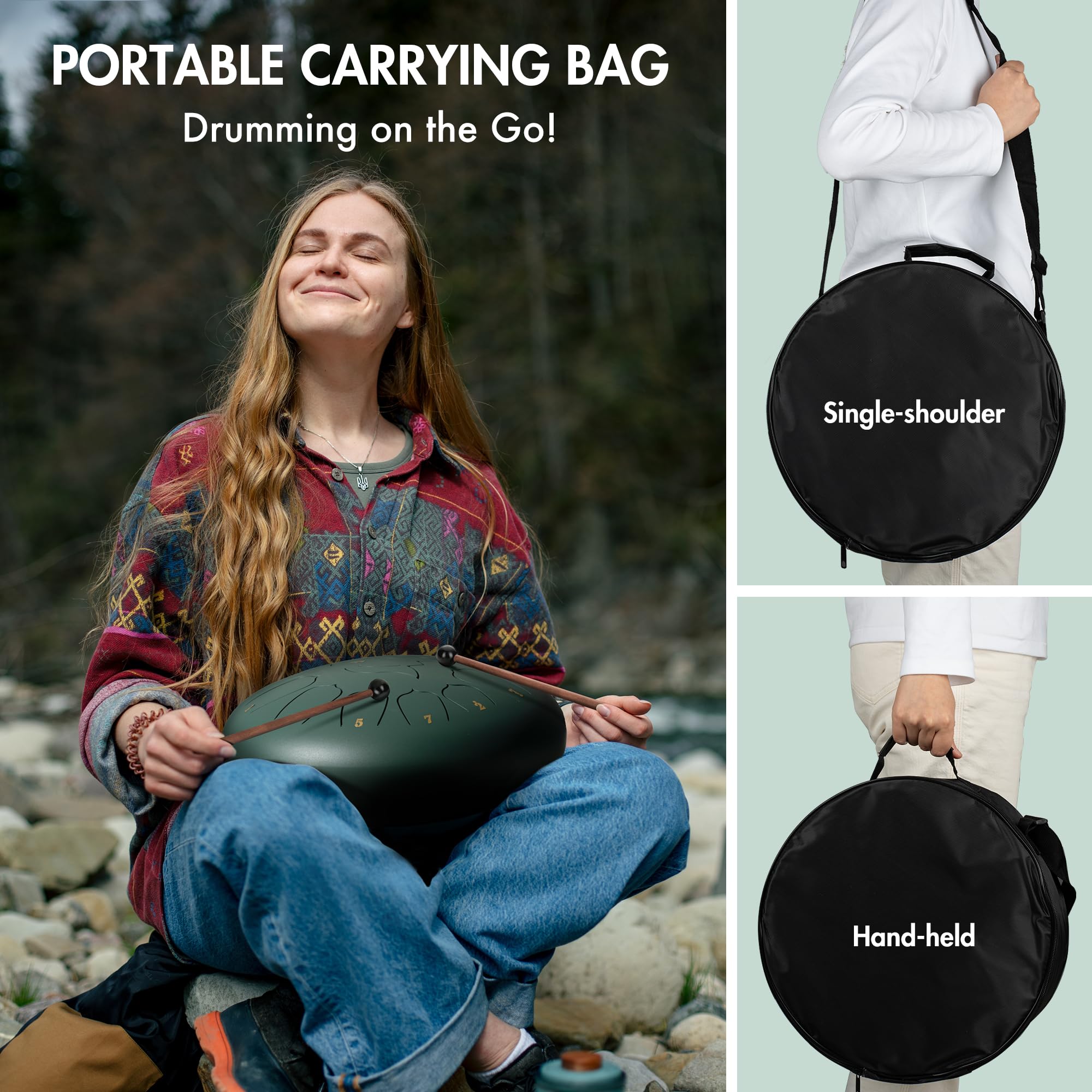 CAHAYA Tambor de lengua de acero, 13 notas: Tambor de mano de acero con llave C de 30,5 cm con libro de música, mazos de tambor, púas de dedo y bolsa de transporte, verde CY00374-1