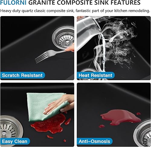 Miniatura 8 de Fulorni - Fregadero de cocina compuesto de granito 33 pulgadas - Fregadero de cocina de granito de 33 x 19 pulgadas, estación de trabajo de repisa