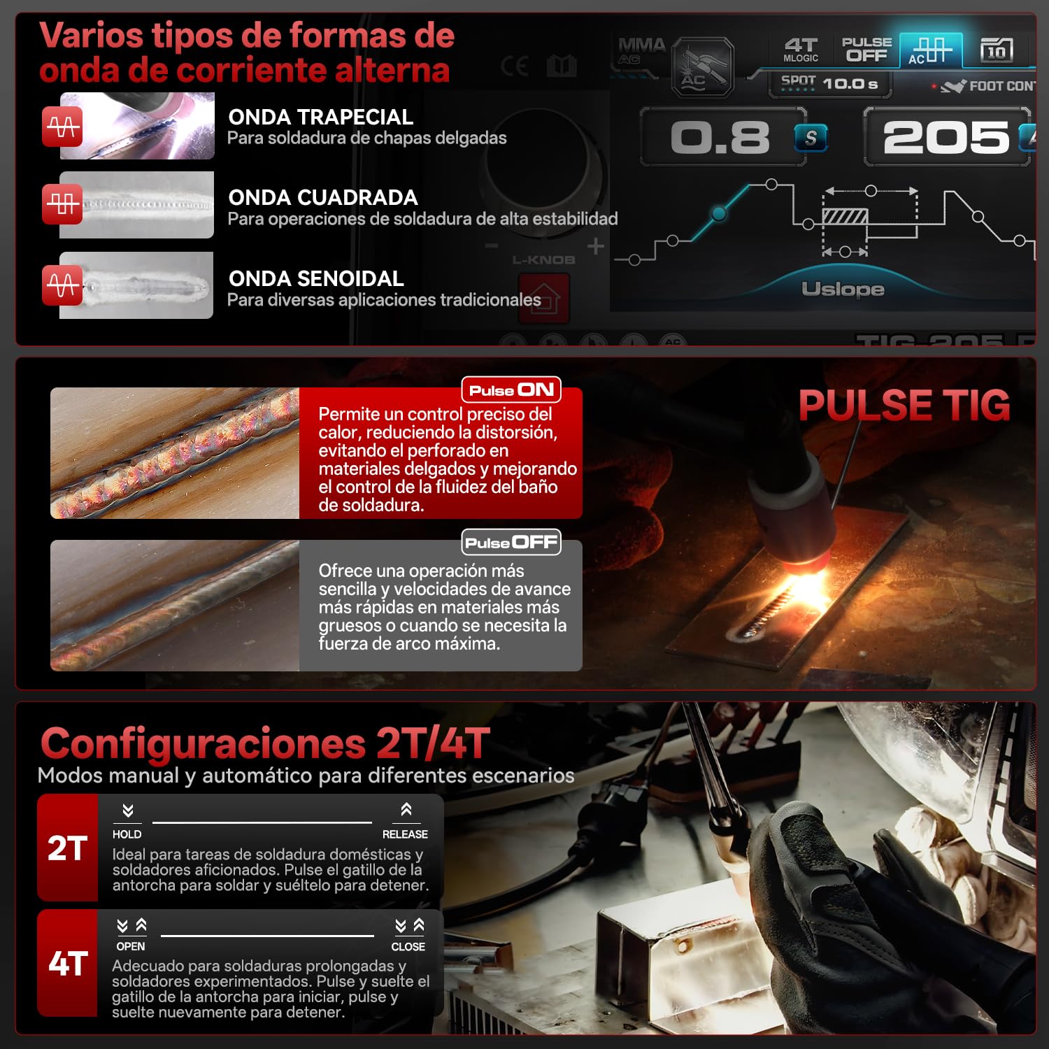 ANDELI 10 en 1 Soldador TIG de Aluminio AC/DC, Pedal de Pie, 205A, LCD, Ondas de Pulso/Cuadrada/Seno/Trapesoidal, Soldadura Fría/Punto, 230V, TIG-205 PRO