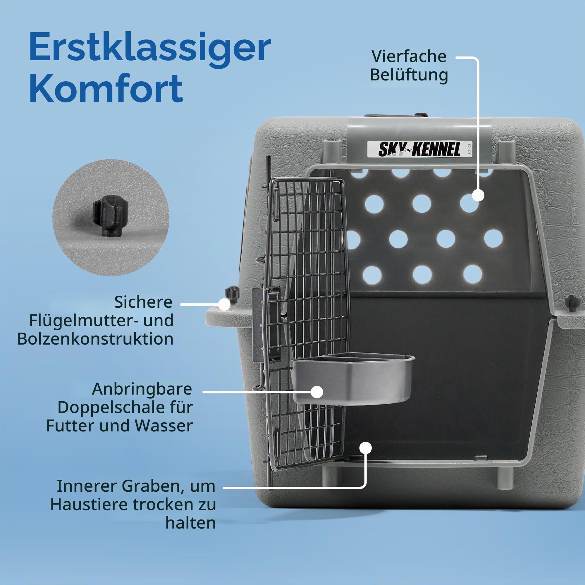 Petmate Beeztees 715563 Skykennel Nr 1, 53 x 40 x 38 cm, grau | IATA-konforme robuste Hundehütte, hergestellt in den USA, inklusive Ready to Fly Essentials