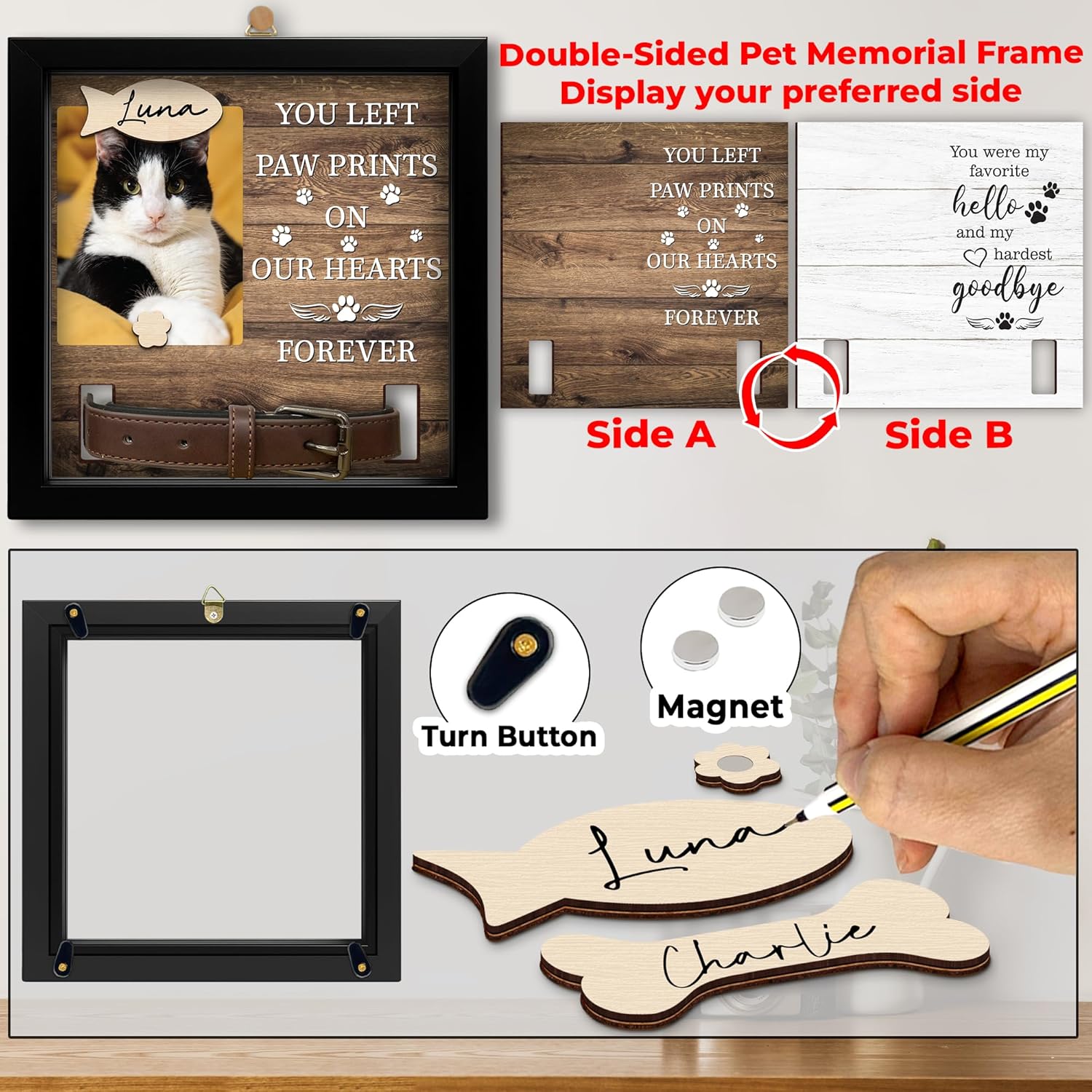 2-Sided Pet Memorial Frame with Collar Holder, Pet Memorial Ornament, Dog Cat Sympathy Card, Loss of Dog Paw Print Keychain, Remembrance Gift for Cat Lovers, Favorite Hello Hardest Goodbye PF225