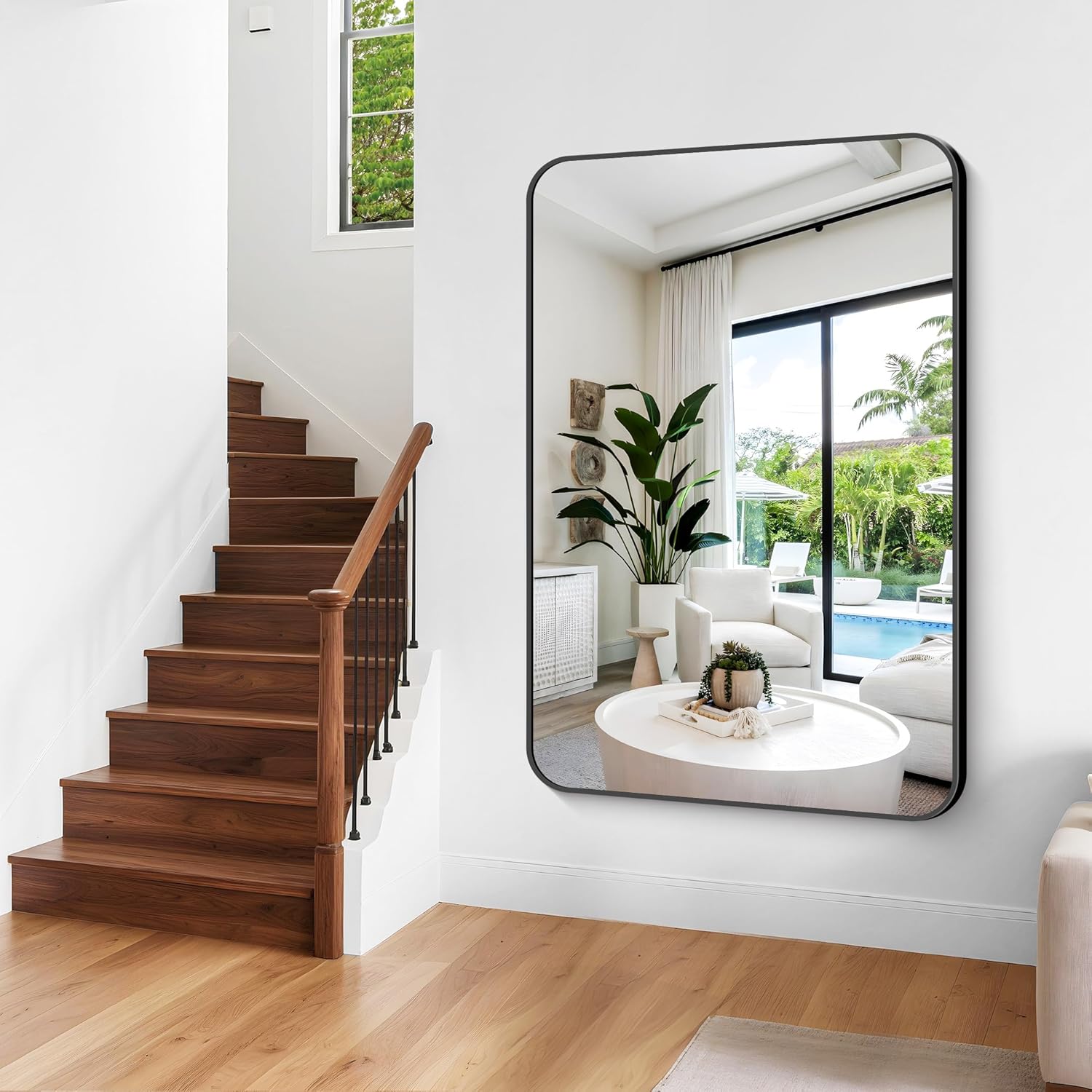 Large Bathroom Mirror, 60 x 40 inch Black Rectangle Mirror, Metal Framed Rectangular Vanity Mirror, Rounded Corner Wall Mounted Mirror for Over Sinks Bedroom Living Room Horizontal/Vertical