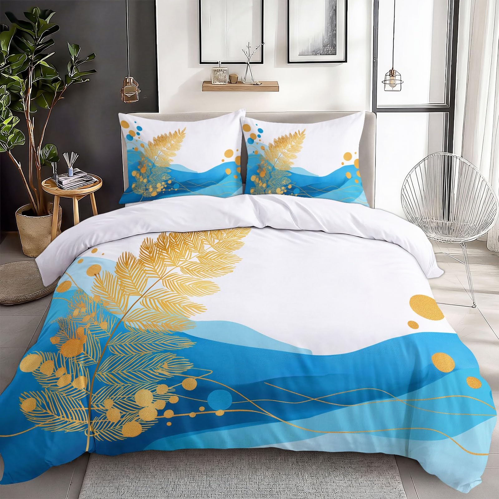 Parure de lit moderne blanche motif fougère lit double