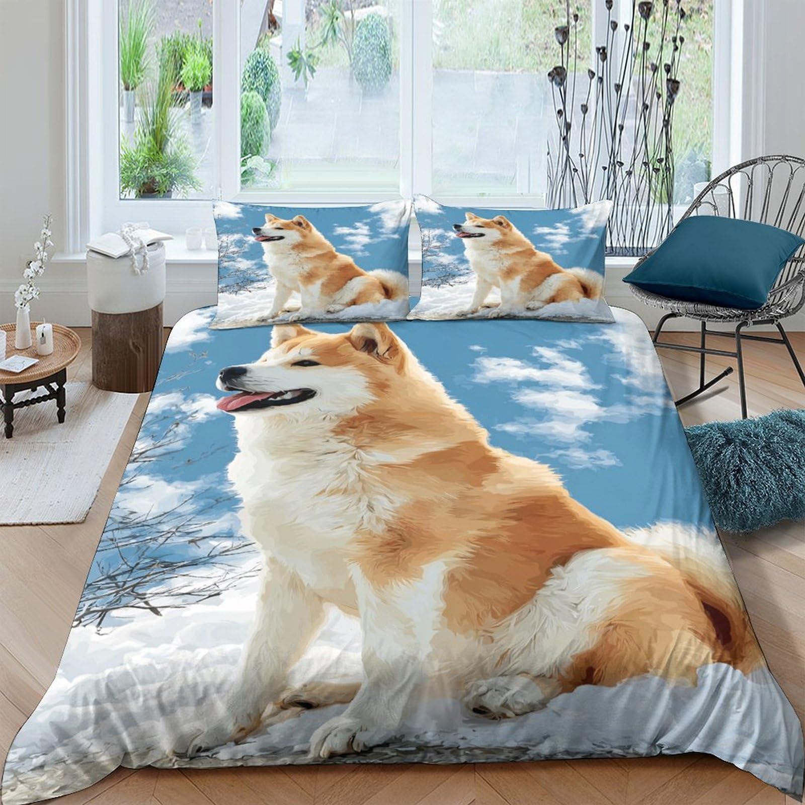 GPLZQXKJNH 3D Printed Shiba Inu Dog Duvet Cover Microfiber Soft Breathable Sky Pattern Bedding Set with 2 Pillowcases for Bedroom Decor, Single（135x200cm）