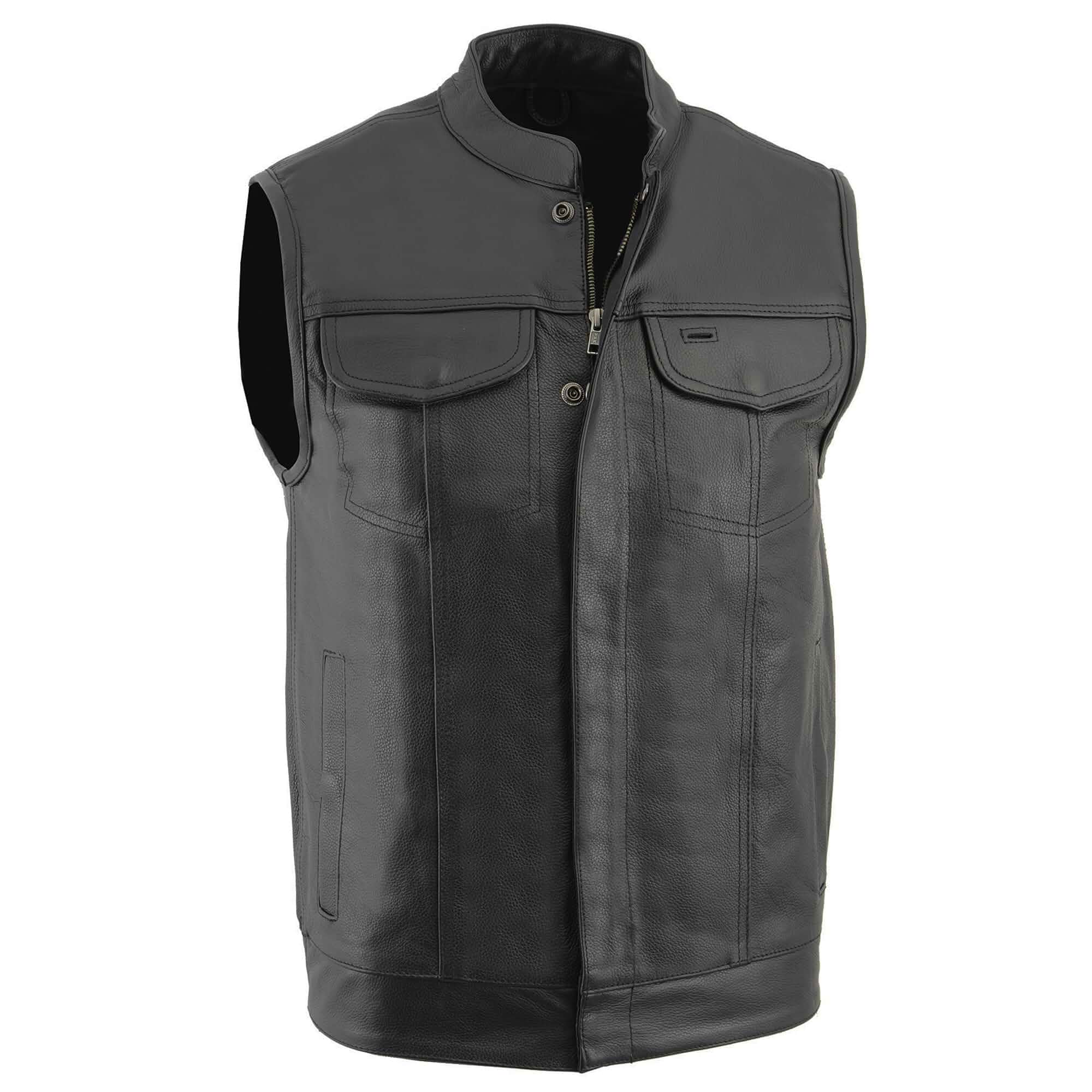 Milwaukee Leather LKM3710 Men's Black Leather Club Style Motorcycle Rider Vest w/Zipper and Snap Button Closure Sleeveless