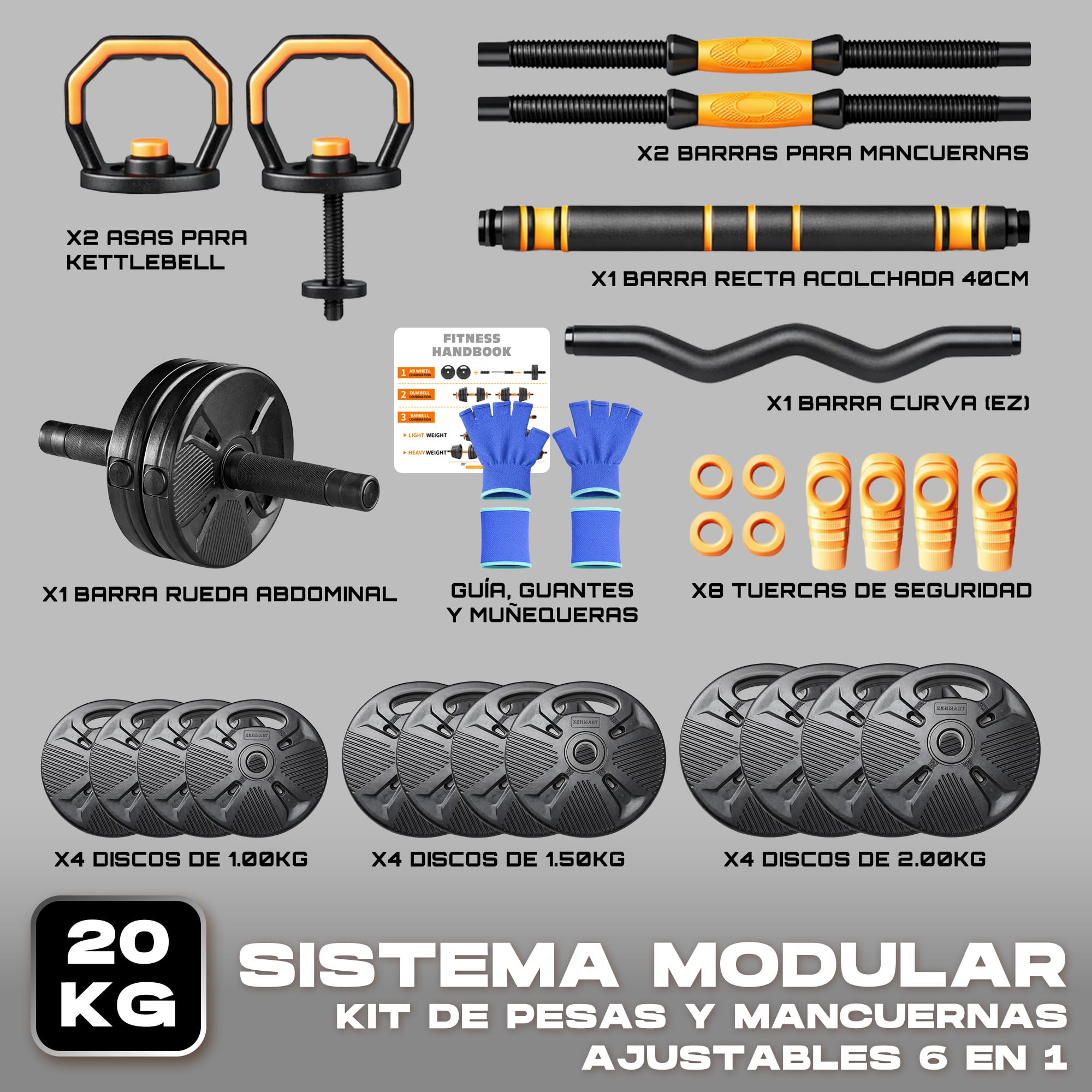 Juego de Pesas y Mancuernas Ajustables 6 en 1 – Kit Pesos Fitness Completo con Barra Curva y Rueda Abdominal – 10kg 20 kg