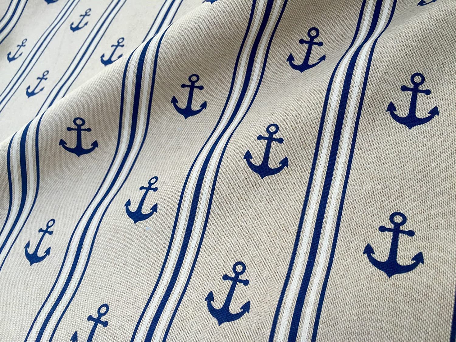 Marine Anchor Stripe Print Fabric - Curtain Upholstery Material - 140cm Wide - Navy Blue & White (1 Metre)