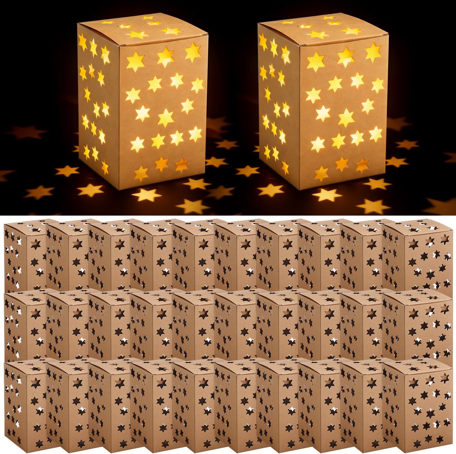 30 Set Luminaries Boxes with Flameless Tea Lights Candle Lantern Box Fire Retardant Star Luminaries Illuminated Sets for Wedding Birthday Party Supplies Valentine's Day Decor(Hexagonal Star)