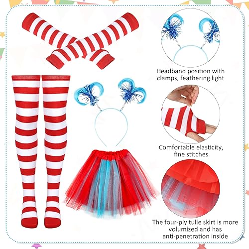 Miniatura 3 de Xtinmee Juego de 4 piezas de disfraz de tutú de tul de 4 capas, falda tutú a rayas, guantes calentadores de brazo largo, calcetines altos hasta