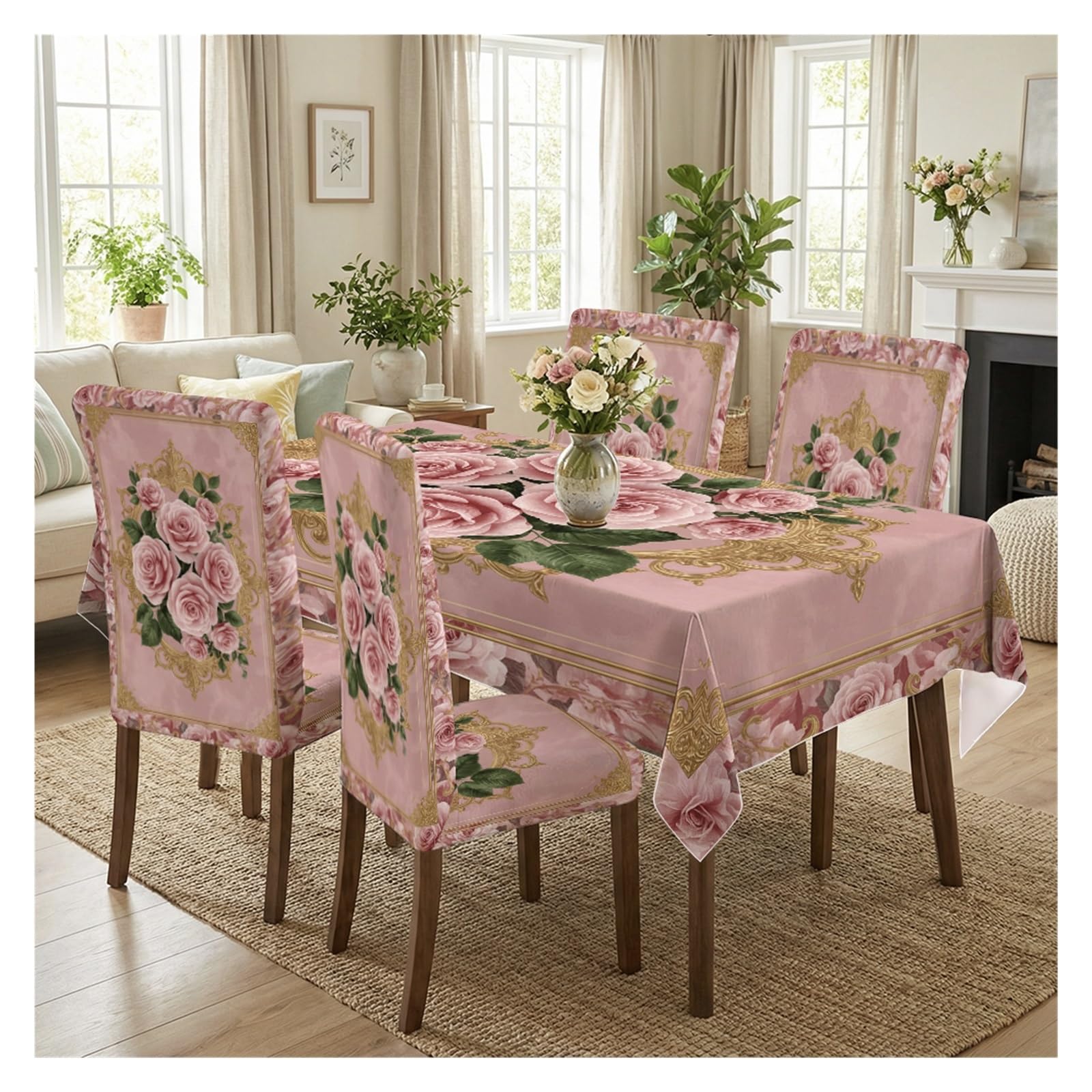 KXUAUV Stretch Dining Chair Slipcovers And Tablecloth Set, Soft Pink Rose Golden Decor Print, 5/7 Pack For Dining Room Romantic Home Decor Party Decor(5pcs Set: Tablecloth+Chair Covers)