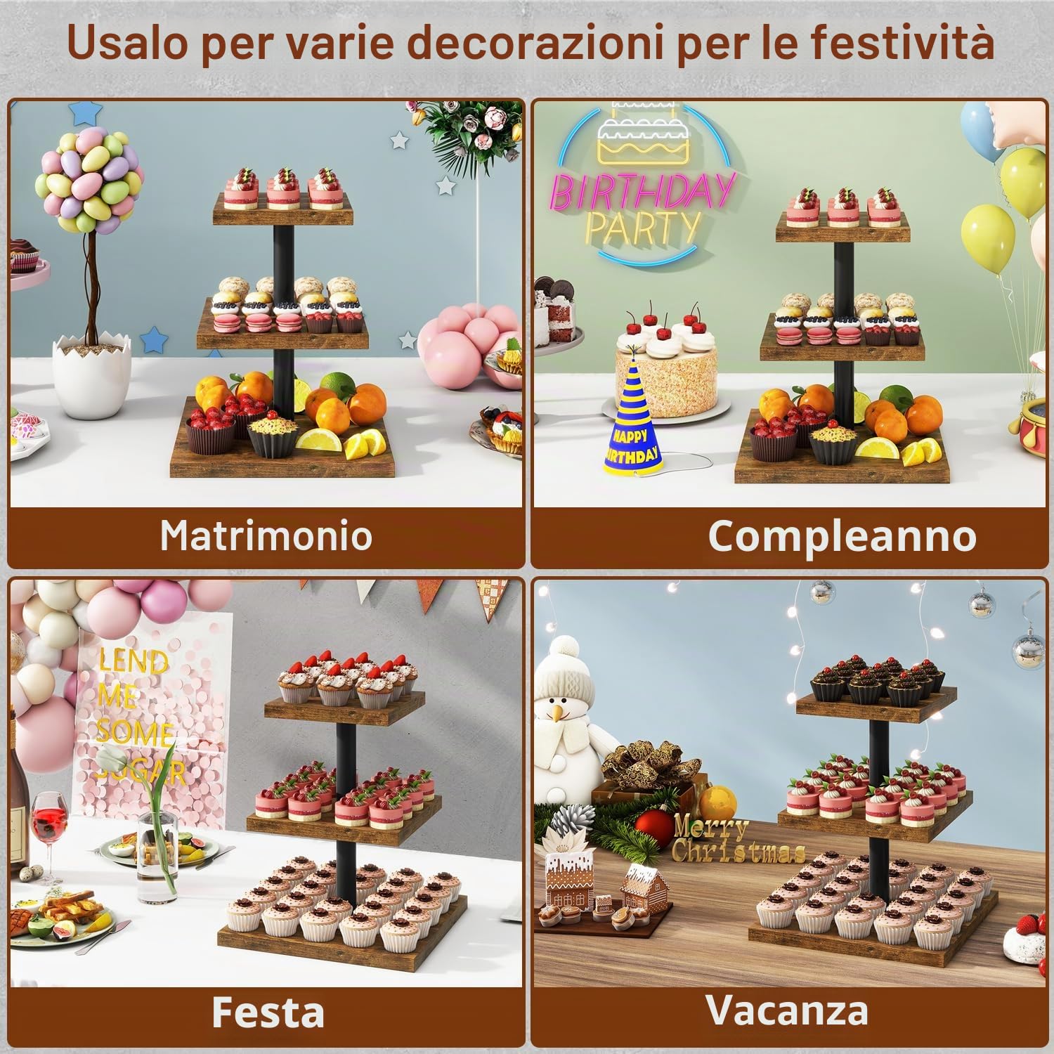 IBUYKE Supporto torre a 3 livelli per cupcake, espositore quadrato in legno resistente, per festeggiamenti marrone rustico TLJ014H