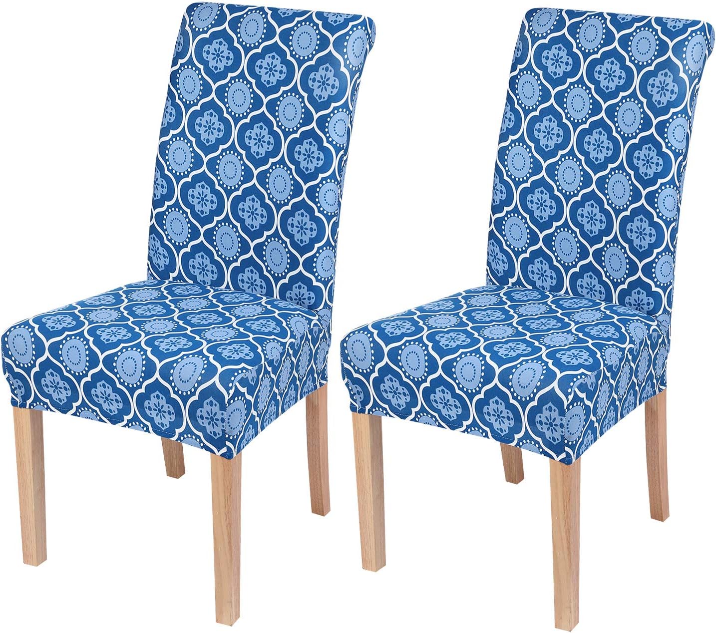 smiry 2 Pack Printed Dining Chair Covers, Stretch Spandex Removable Washable Dining Chair Protector Slipcovers for Home, Kitchen, Party, Restaurant (Dark Blue)