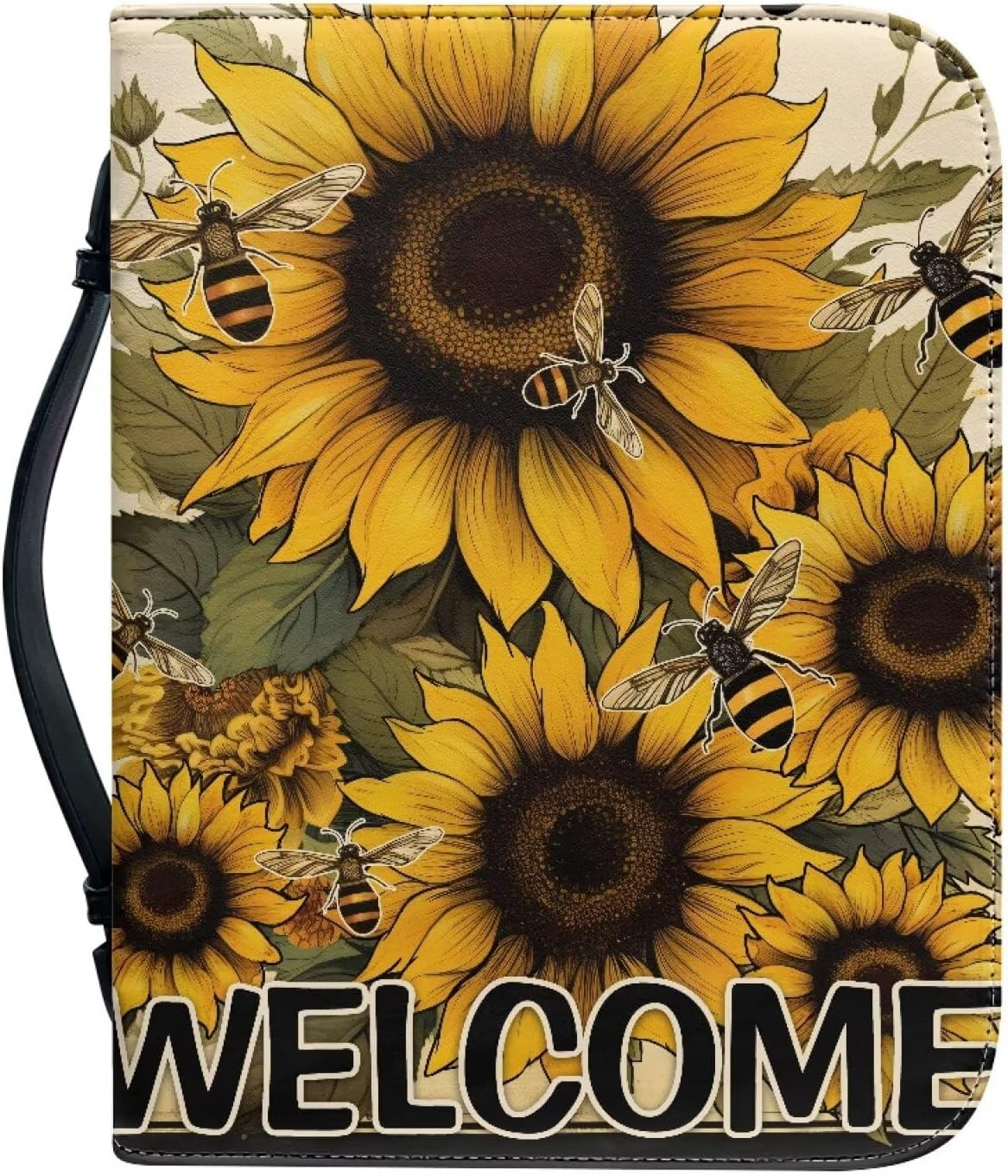 Multi-Functional Bible Organizer - Sunflower Welcome Print Multi Pocket Bible Case with Key Clip & Card Slots, Church Essentials Bag for Women Men