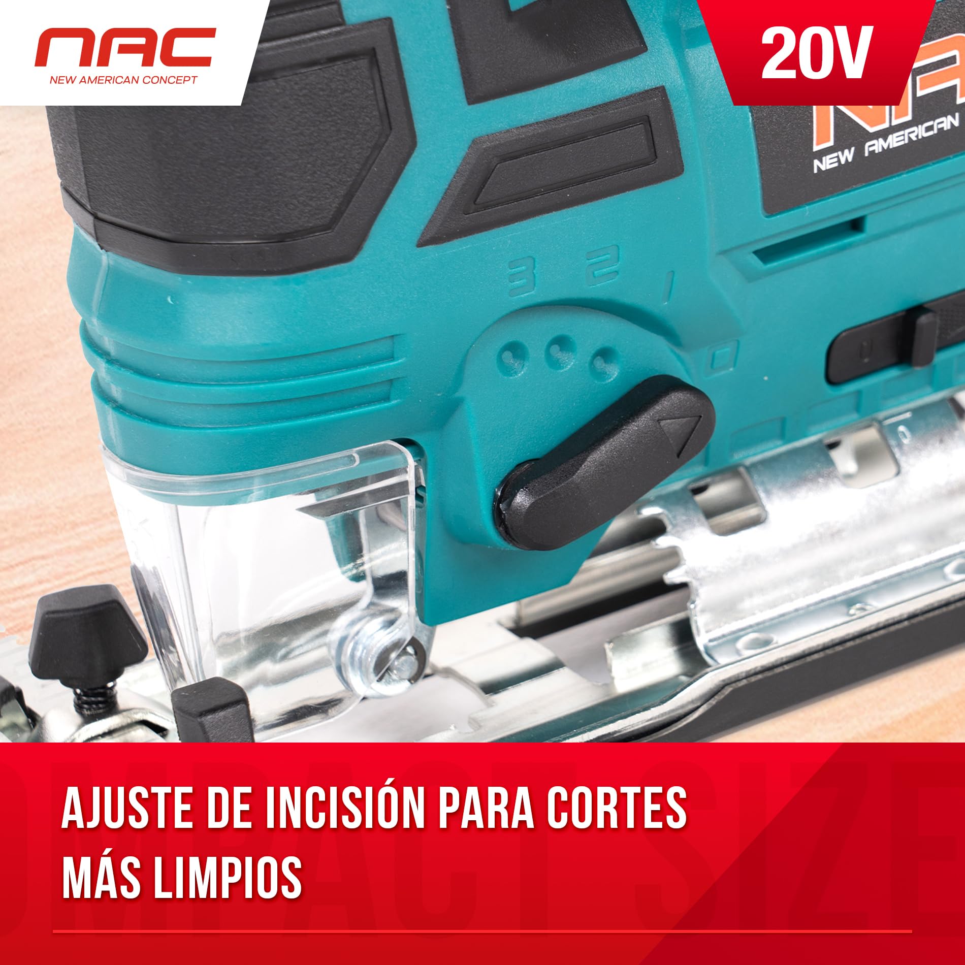 NAC Caladora Batería 20 V, Kit 2 Ah, Corte 80 mm | Sierra de calar, caladoras para madera, 0-2700 rpm, ángulo 0-45°, sistema T, guía lateral