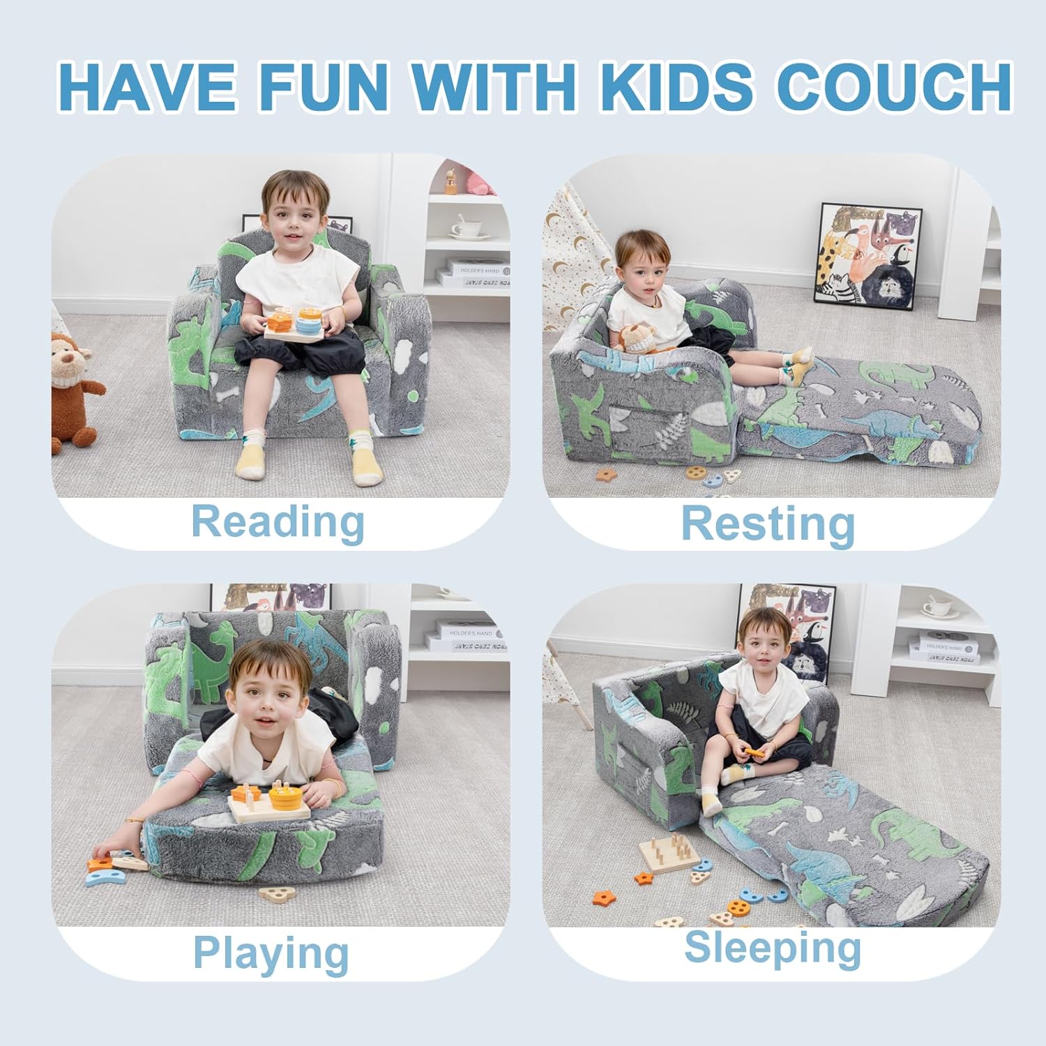 Airpanda Comfy Toddler Chair and Couch for Kids with Blanket,2-in-1 Soft Plush Fold Out Toddler Couch for Girls and Boys,Convertible Sofa to Lounger for Playroom,Gray Dinosaur