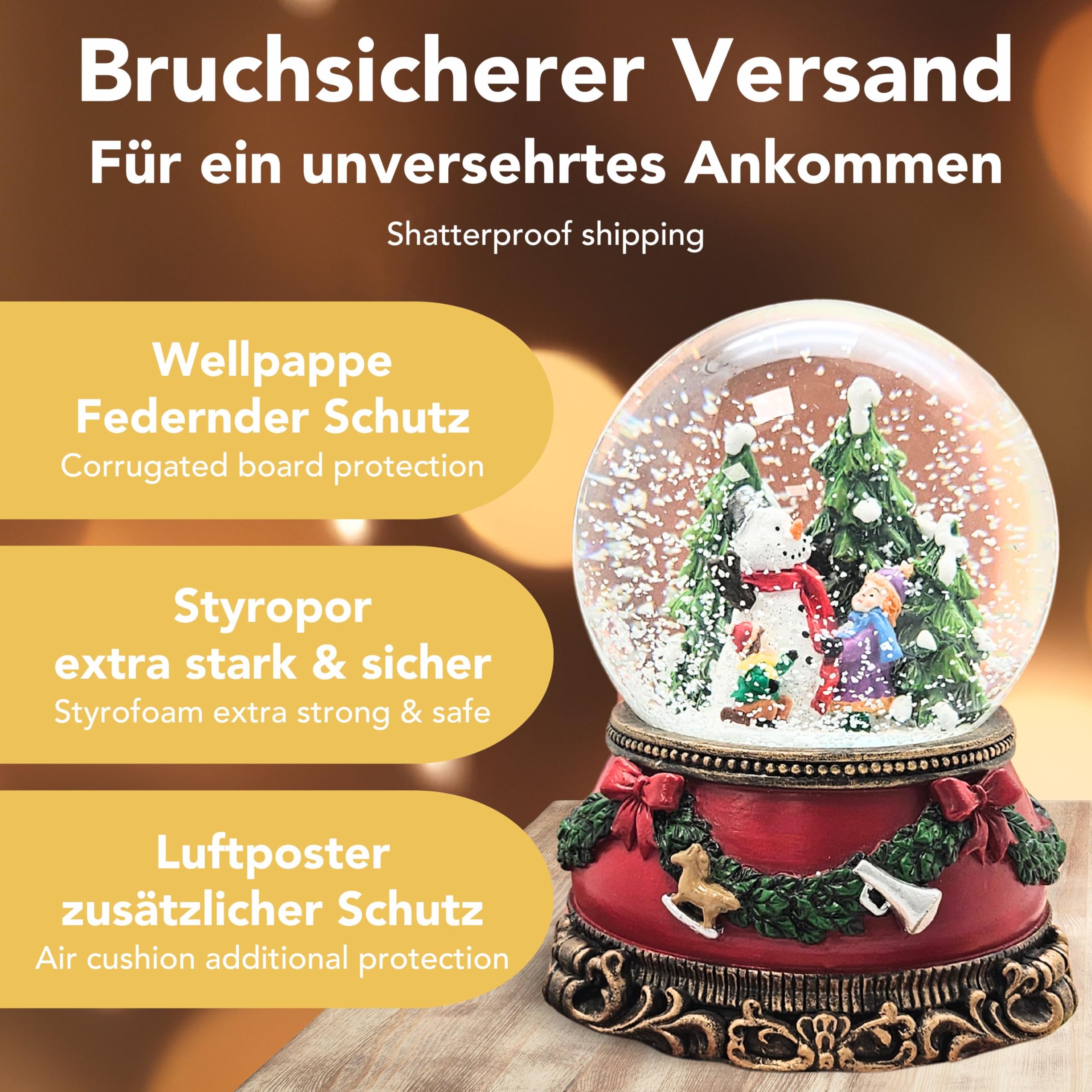 Schneekugel Weihnachten Spieluhr | Kinder Bauen Schneemann | Sockel Weihnachten rot Tannengirlande | mit Spieluhr | Schüttelkugel Weihnachtsdekoration | B: 10 cm H: 14 cm | 20270