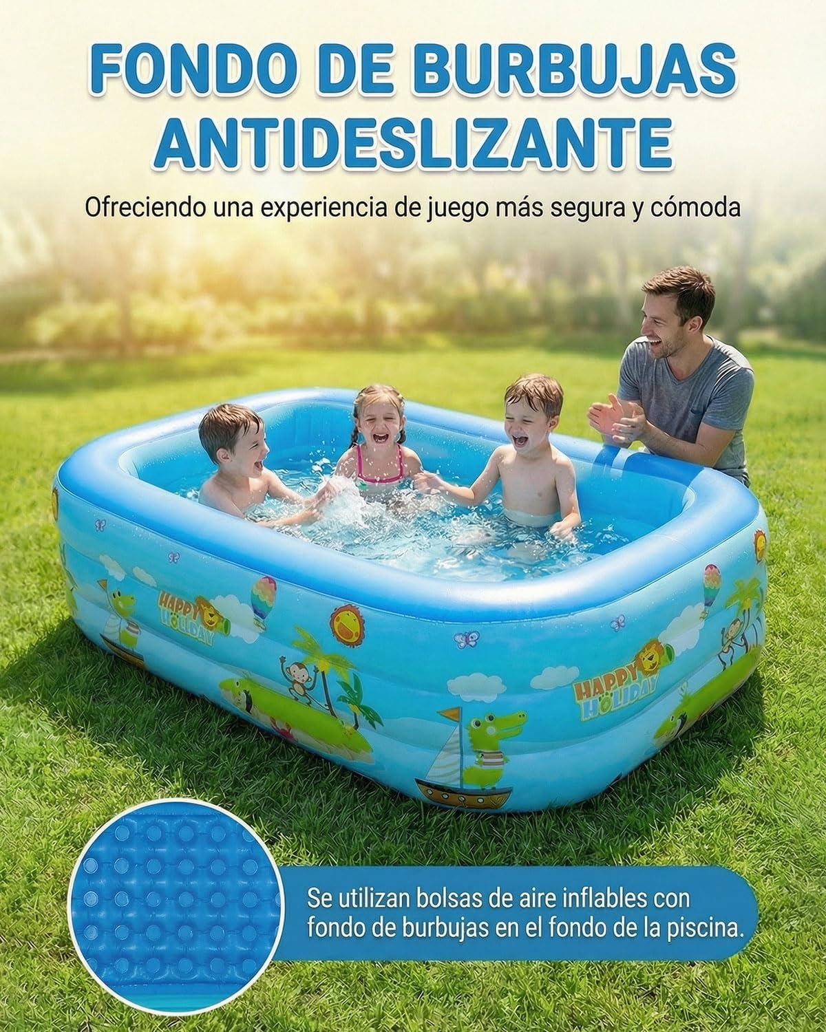 Piscinas Hinchables para Jardín y Patio, Piscina Rectangular de PVC de 3 Capas 210 x 135 x 60 cm, Gran Espacio para Verano y Tiempo Libre, Piscina Hinchable de Uso Familiar