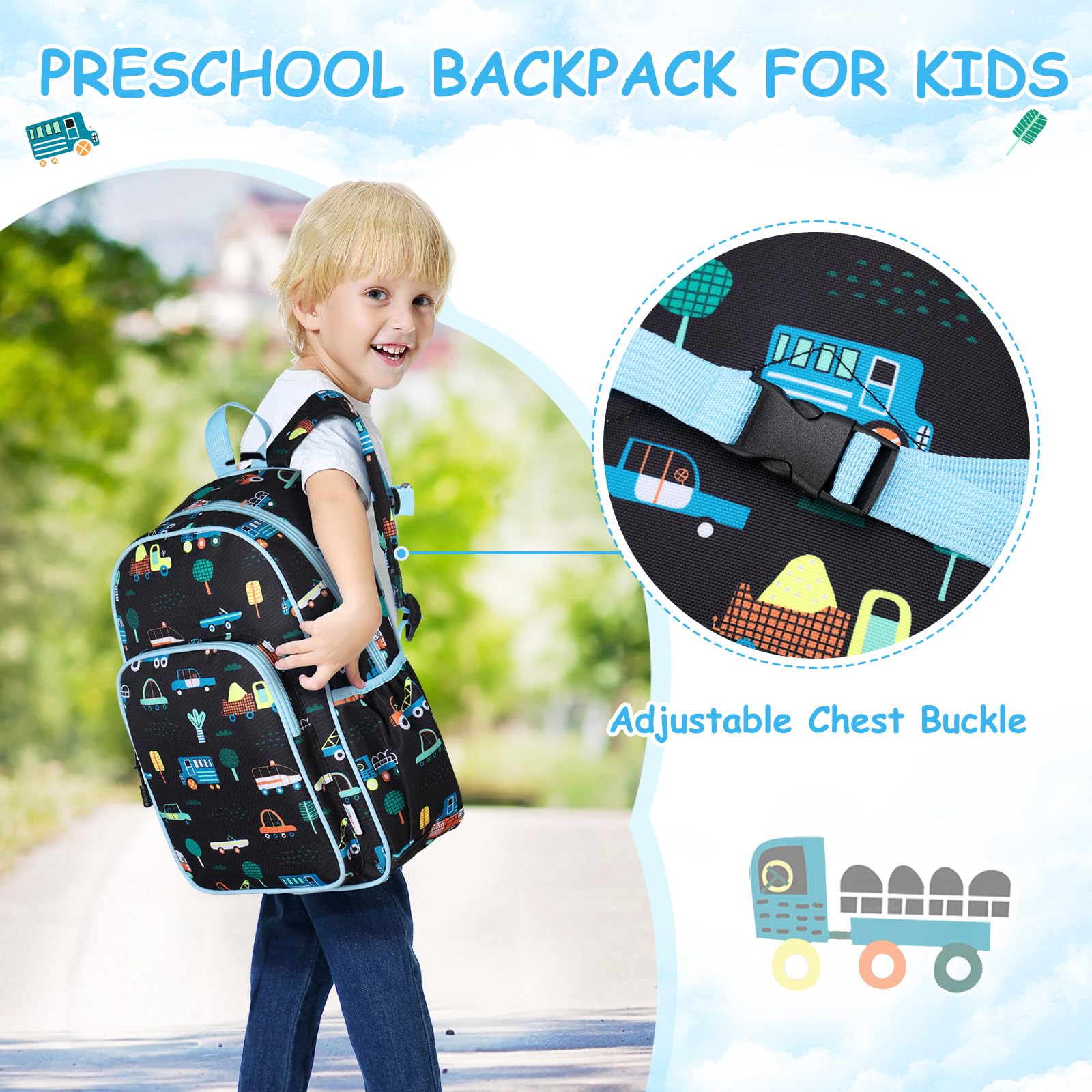 RAVUO Zainetto Bambino, Leggero e Impermeabile per Scuola Elementare, Asilo, Prescolare - Carino per Bambina, Bimbo, Ragazzo - Auto Nera 2-8 Anni
