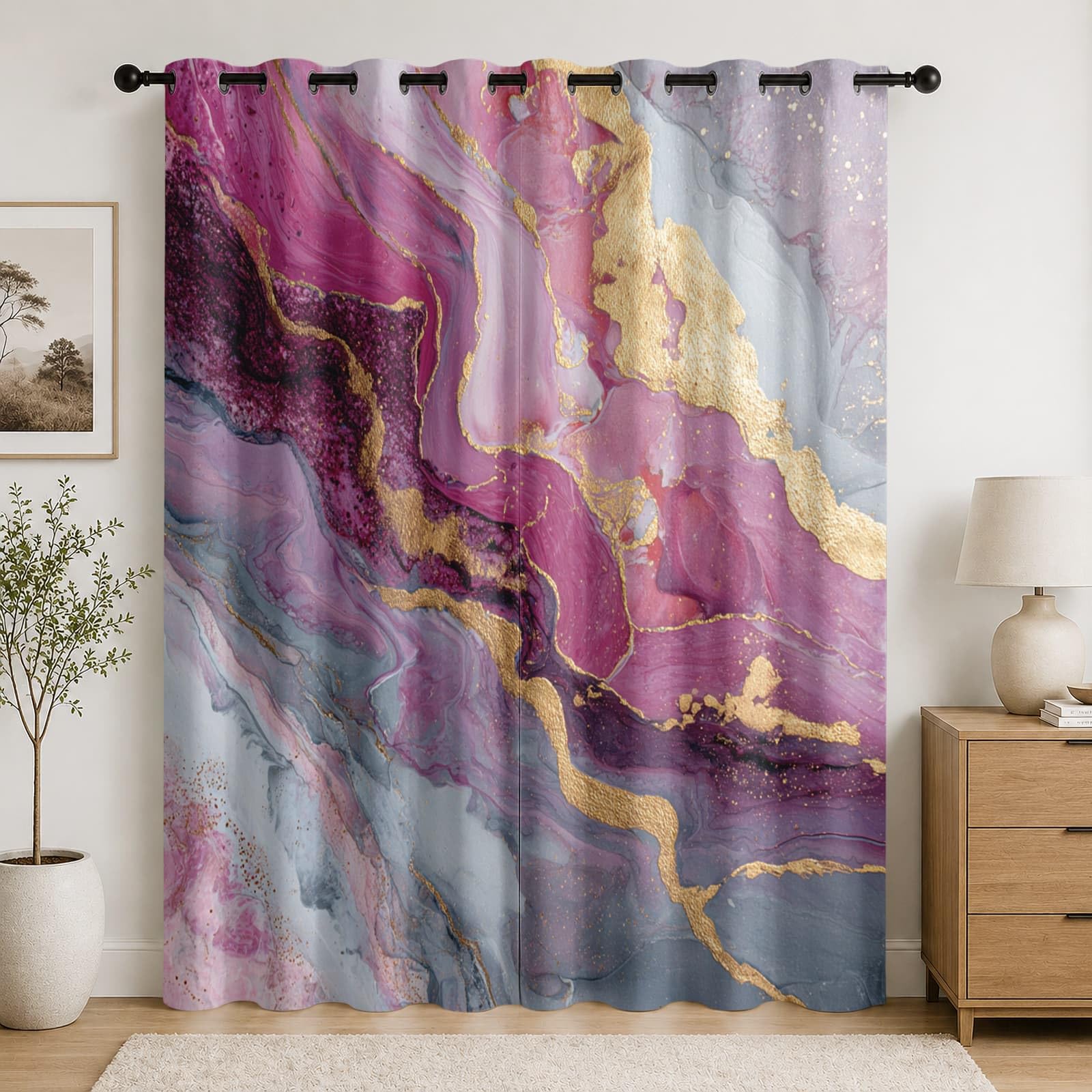 Genérico Aislantes Cortinas Opacas para NiñOs 140An x 260Al cm (2 Paneles), Arte MáRmol Textura PoliéSter Cortinas Privacidad Rosa Cortina con Ojales para Sala de Estar y Dormitorios