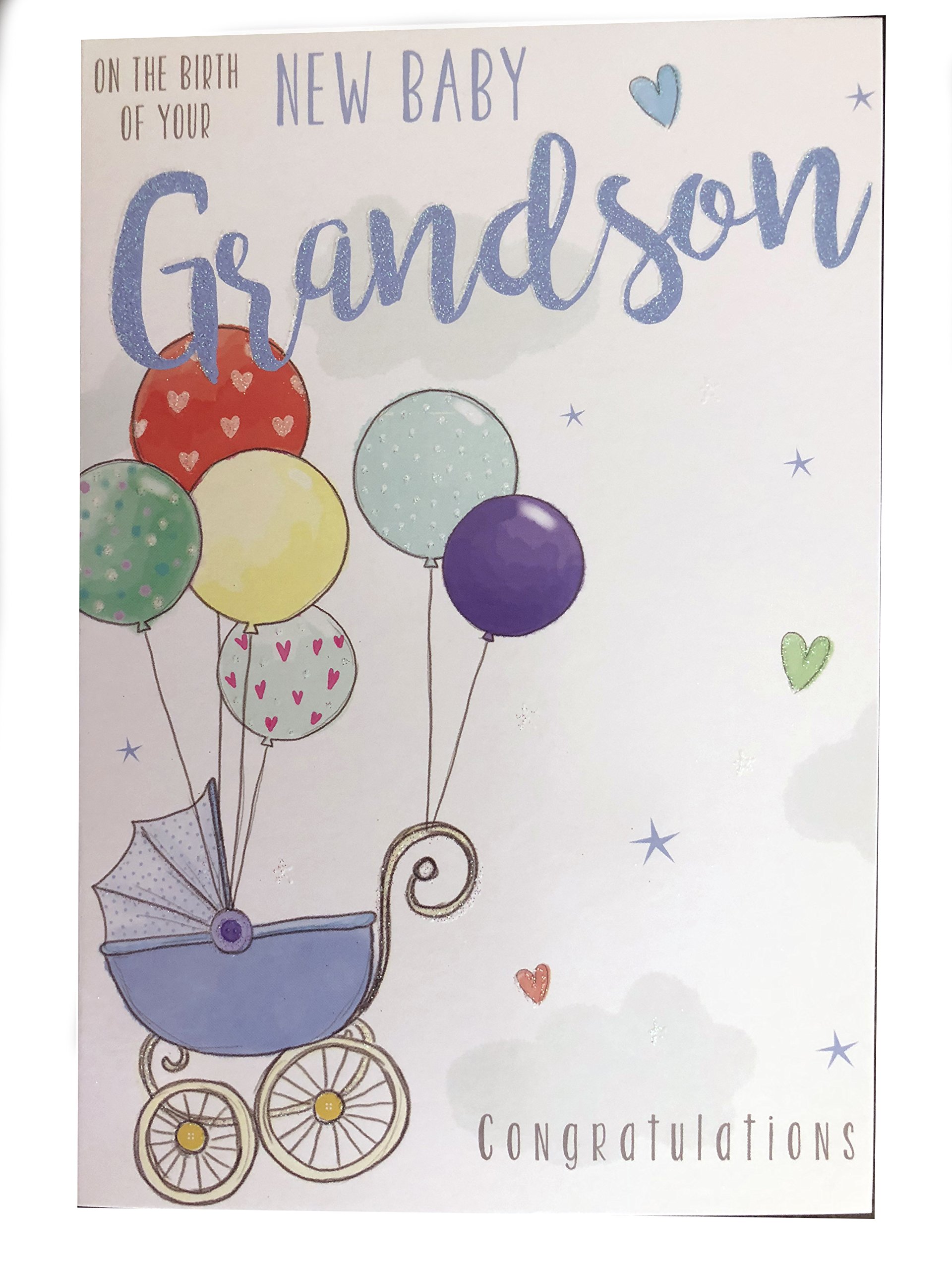 Special Days On The Birth Of Your New Baby Grandson Pram Balloons Design Greeting Card