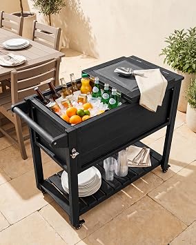100Qt Rolling Cooler Cart on Wheels, Faux Wood Patio Cooler, Black
