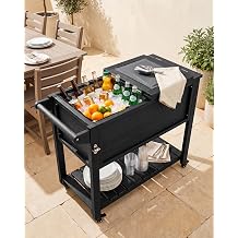 100Qt Rolling Cooler Cart on Wheels, Faux Wood Patio Cooler, Black | Removable soft liner, molded HIPS not wood, 120 cans, dual folding lid tabletop, drain plug, ice scoop, bottle opener