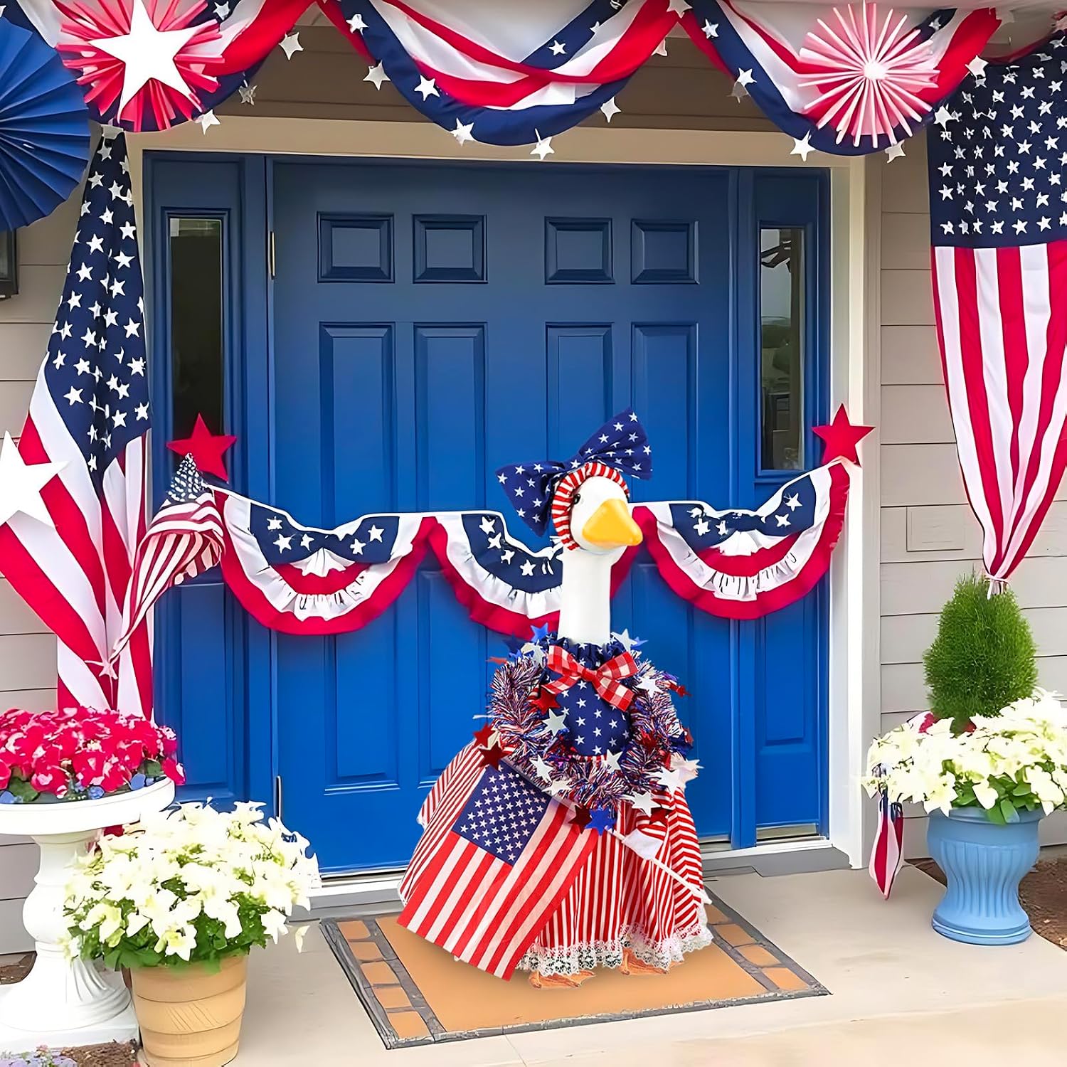 AnyDesign Patriotic 4th of July Porch Goose Outfits Red Blue American Flag Lawn Goose Clothes Fits 23 Inch Cement Plastic Statue for Independence Day Outdoor Garden Yard Patio Decor