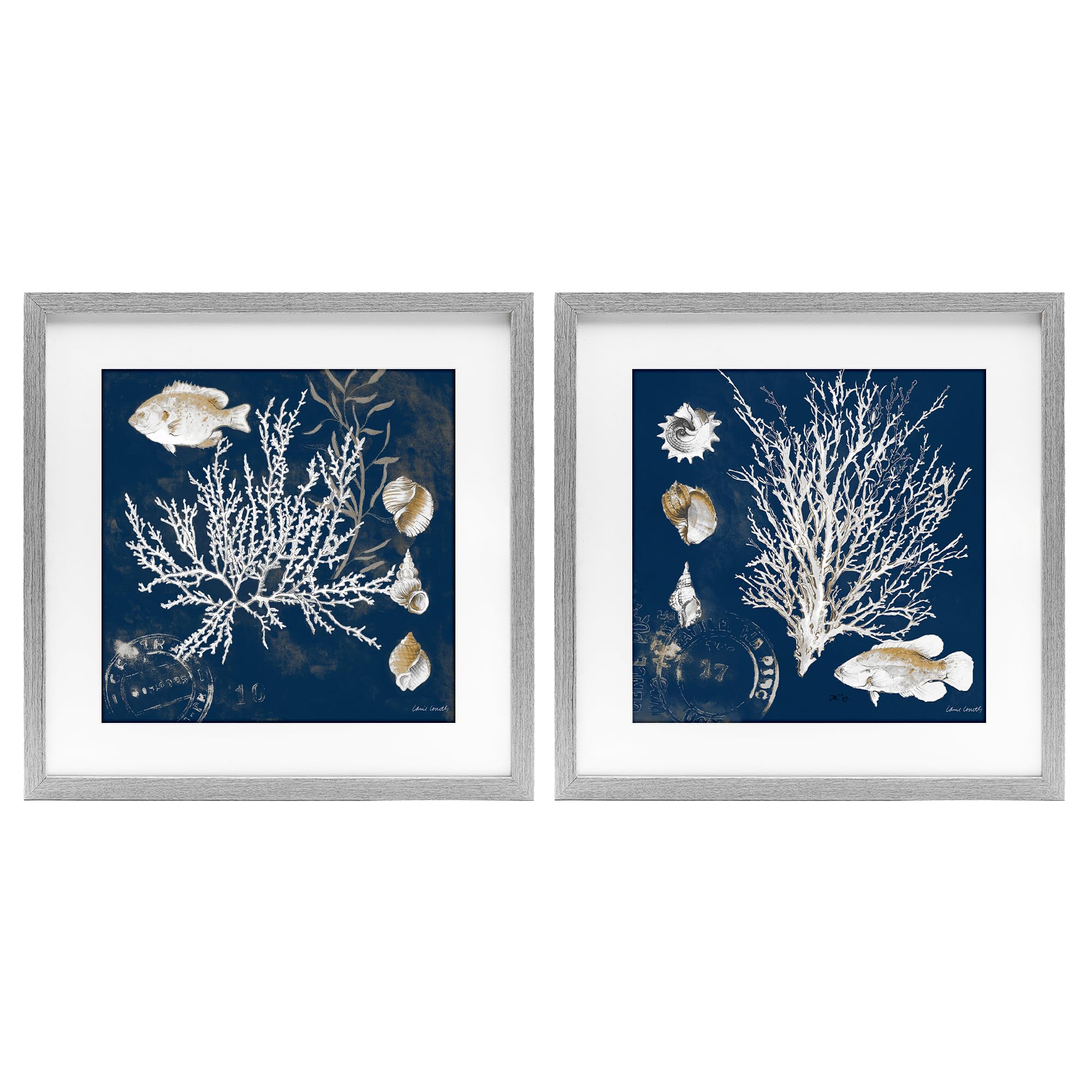 'Navy Coral Medley'| 2pc Framed Print Under Glass Set