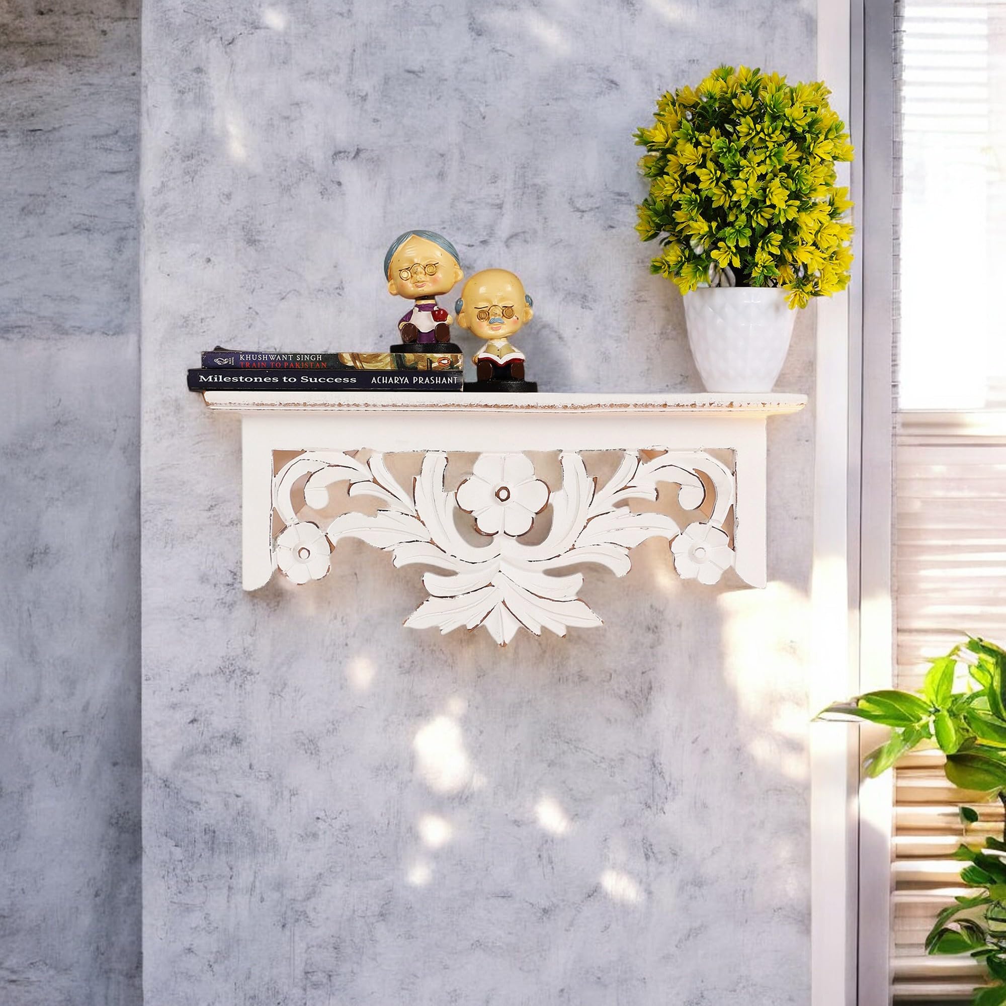 THE URBAN STORE Shelf Wooden Wall Mounted Distressed White Color 45 x 15 X 20 CM Pack of One French Country Style Elegantly Floral Hand Crafted for Home and Office Decor TUSSLF14