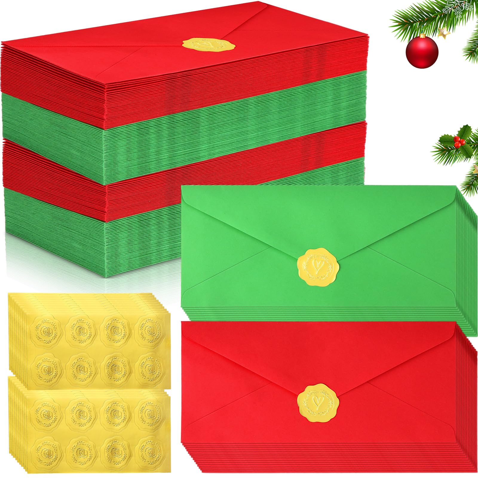 200 Pcs #10 Christmas Envelopes Red and Green Envelopes 4 1/8" x 9 1/2" Self Adhesive Envelopes with 200 Pcs Gold Stickers 120 GSM Invitation Greeting
