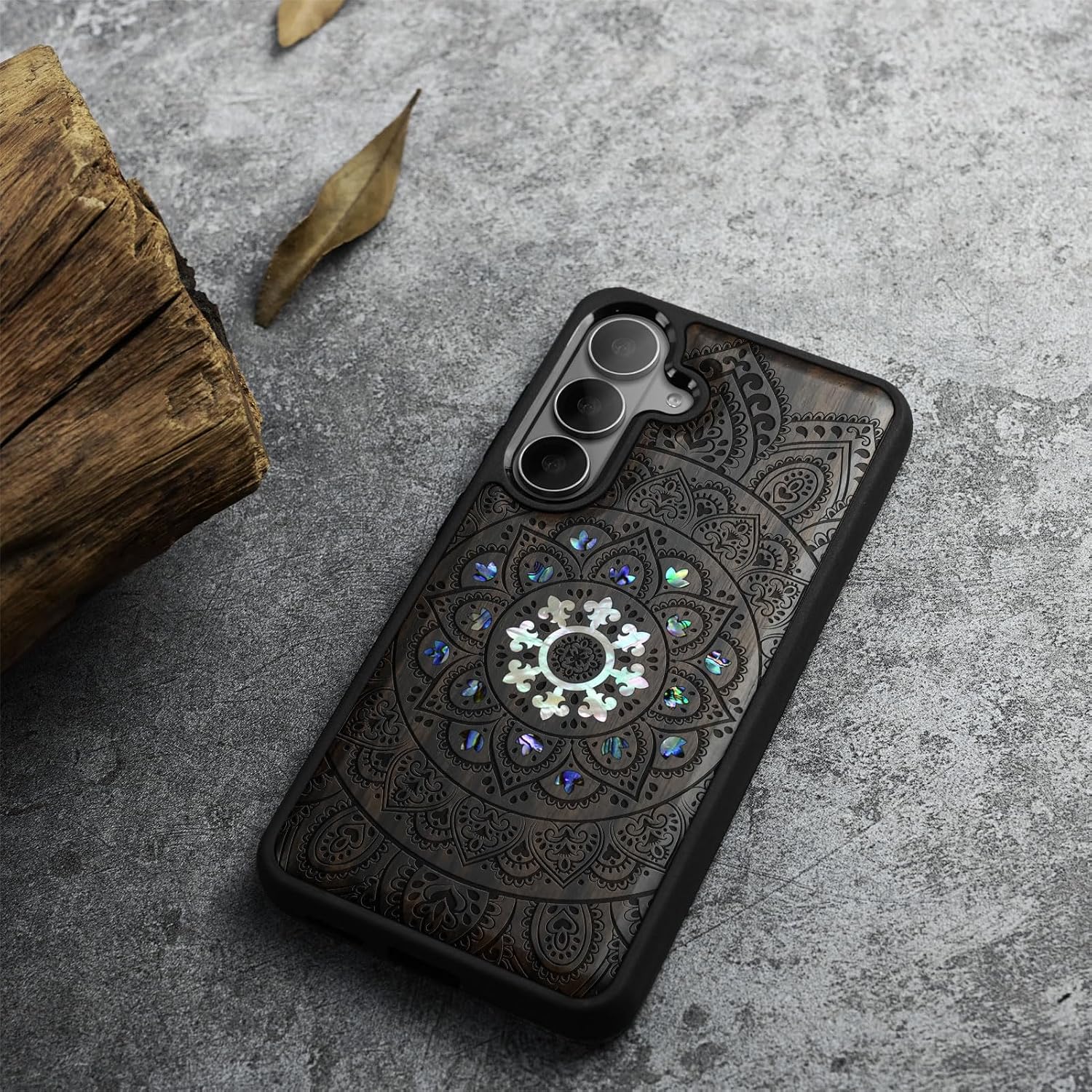 Carveit Magnetic Wooden Case for Samsung Galaxy S26 Case, Wood Artisan Engraved & Handmade Shell Inlaid, Compatible with MagSafe Wireless Chargers (Mandala Floral) Blackwood