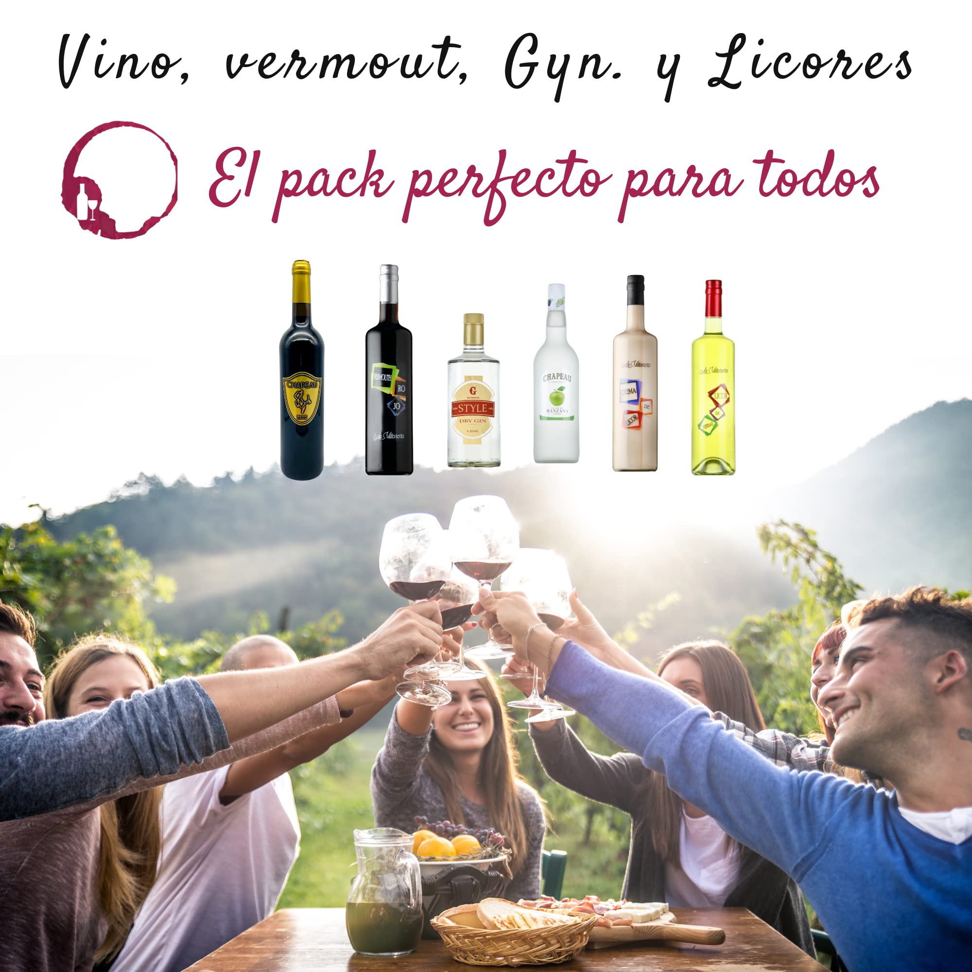 Pack Selección 6 Botellas 75cl - Contiene Vino, Vermouth, Ginebra, Licor de Manzana, Crema de Licor y Licor de Hierbas, Elaborado en La Rioja por Destilerías Riojanas
