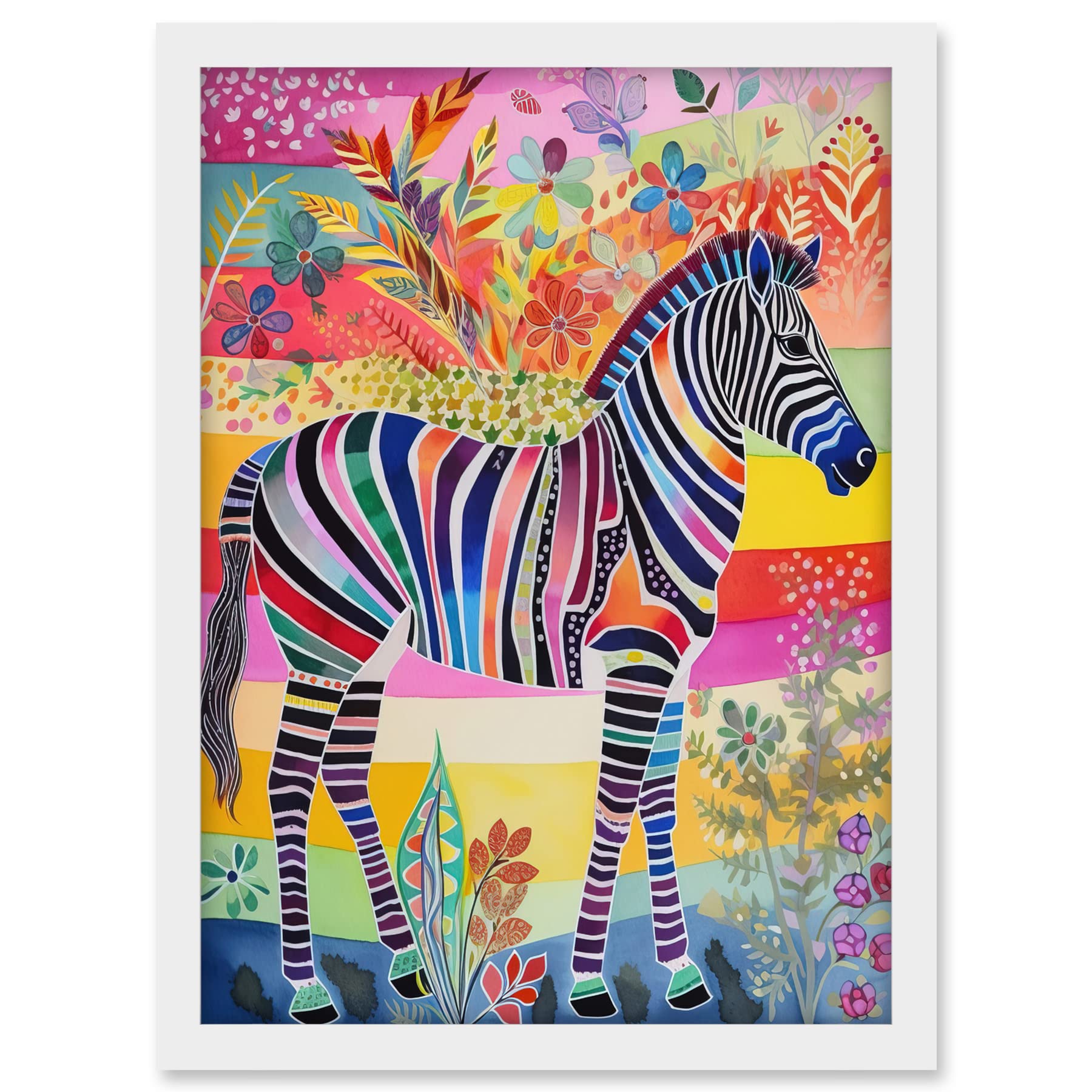 Artery8 Zebra Rainbow Floral Abstract Folk Art Artwork Framed A3 Wall Art Print